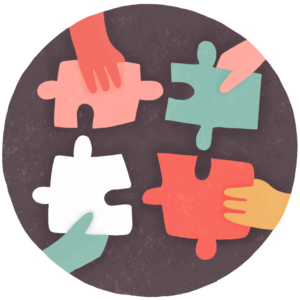 Team wellbeing icon Illustrated icon for organisational wellbeing with four hands holding four different pieces of a puzzle.