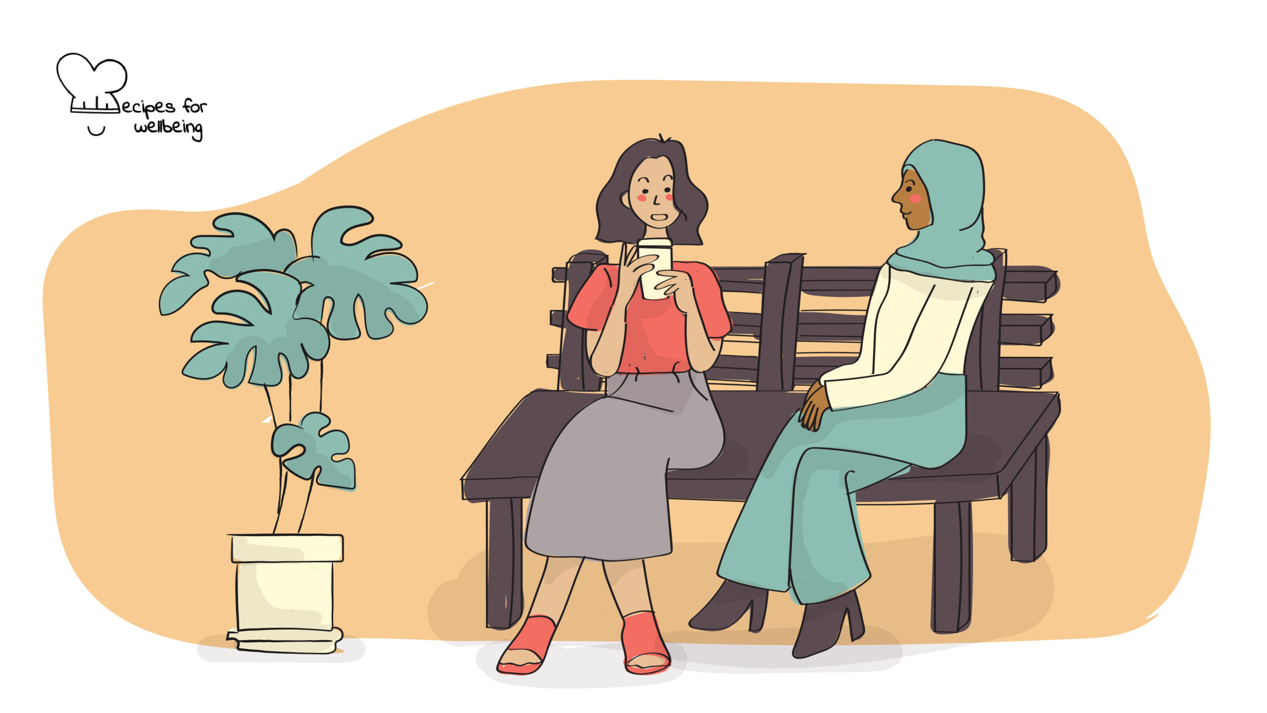 Identifying your goals and resources Illustration of two womxn sitting on a bench talking to each other. © Recipes for Wellbeing