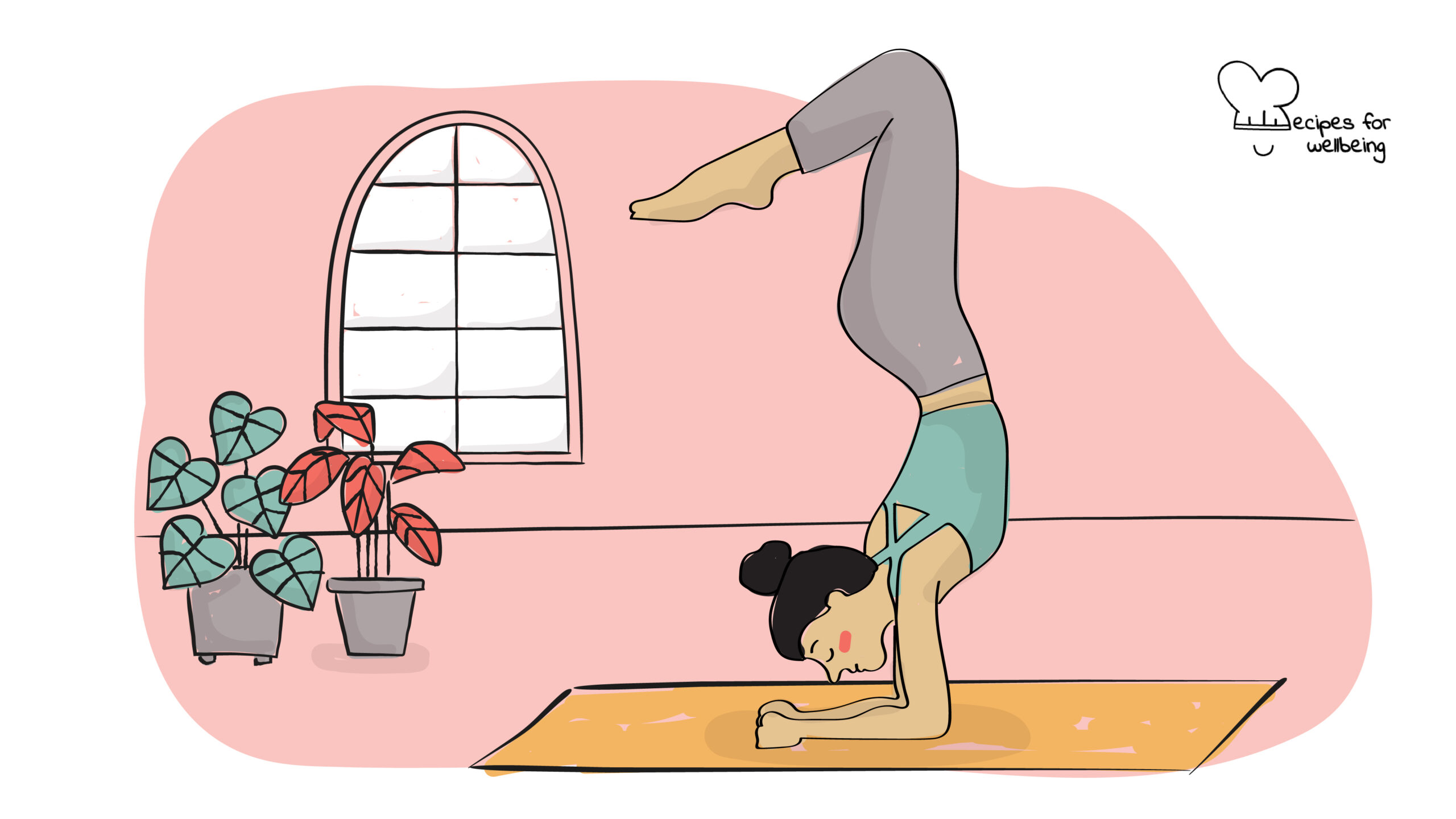 Immune sequence (morning) Illustration of a womxn in Vrischikasana pose (scorpion pose). © Recipes for Wellbeing