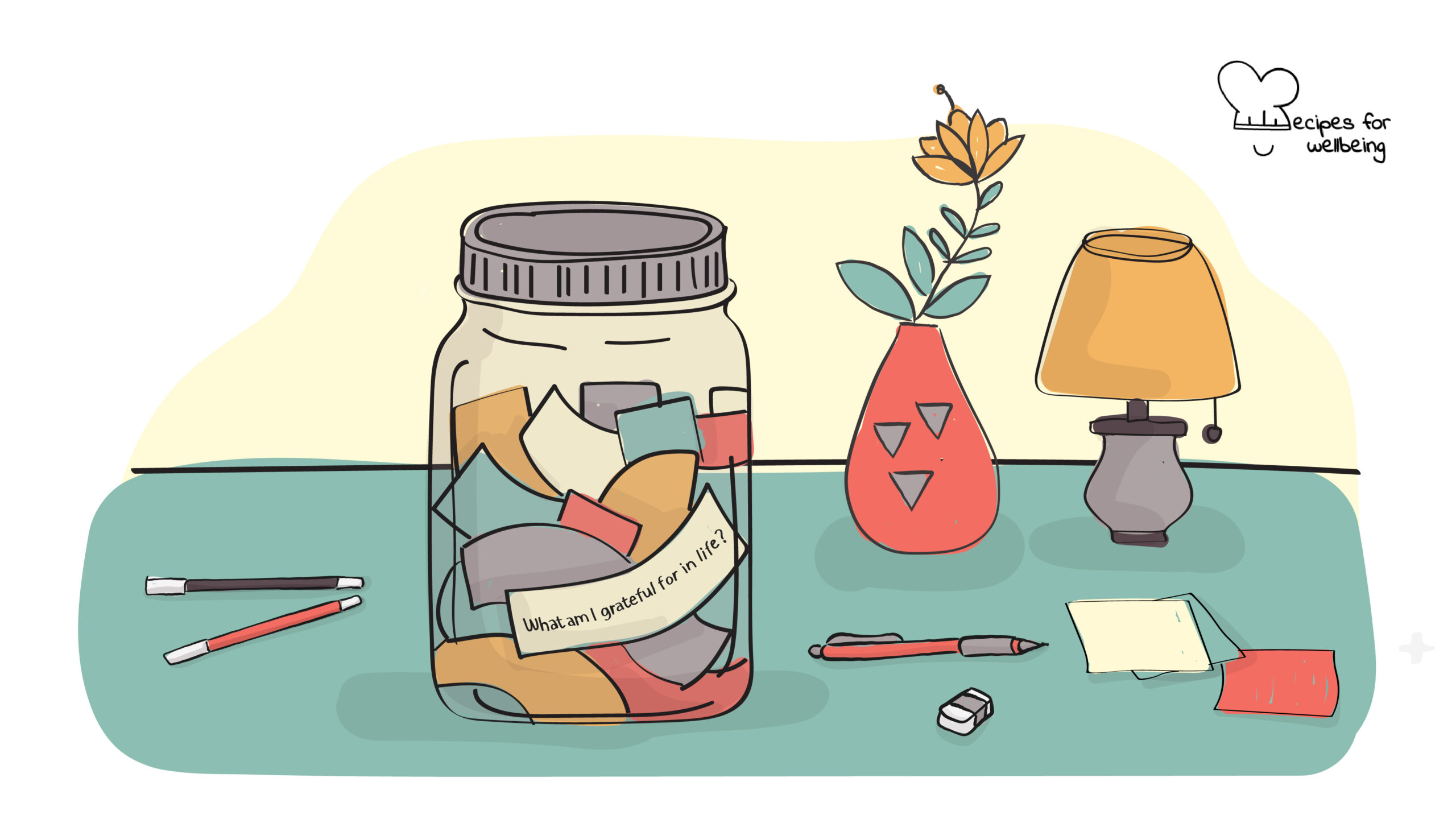 Inspiration jar Illustration of a jar with colourful slips of paper. © Recipes for Wellbeing