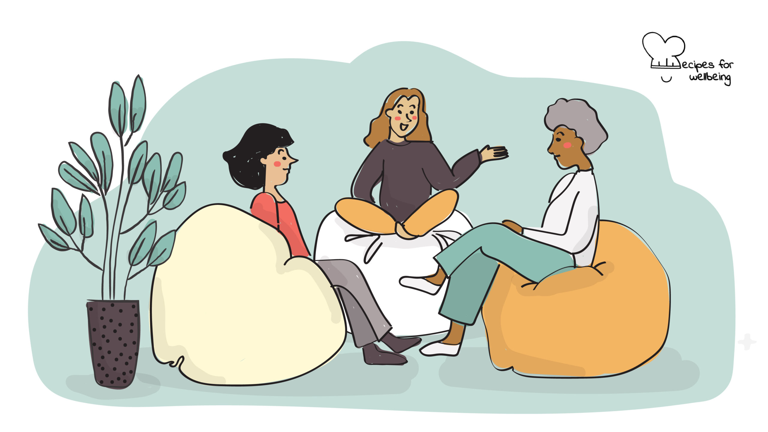 Introducing New Work into your workplace Illustration of three womxn sitting on a bean bags talking to each other. © Recipes for Wellbeing