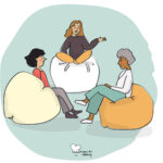 Introducing New Work into your workplace Illustration of three womxn sitting on a bean bags talking to each other. © Recipes for Wellbeing