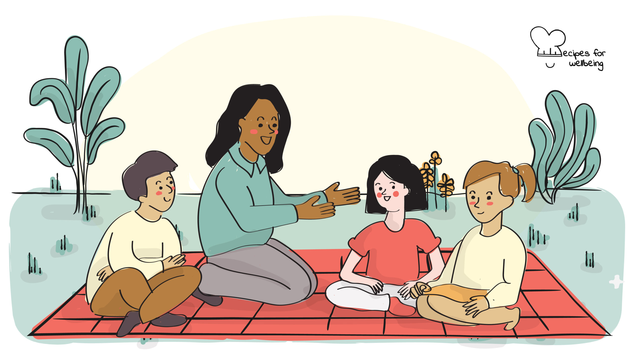 Koeppen’s relaxation for children Illustration of an adult person with three children sitting outdoors. © Recipes for Wellbeing
