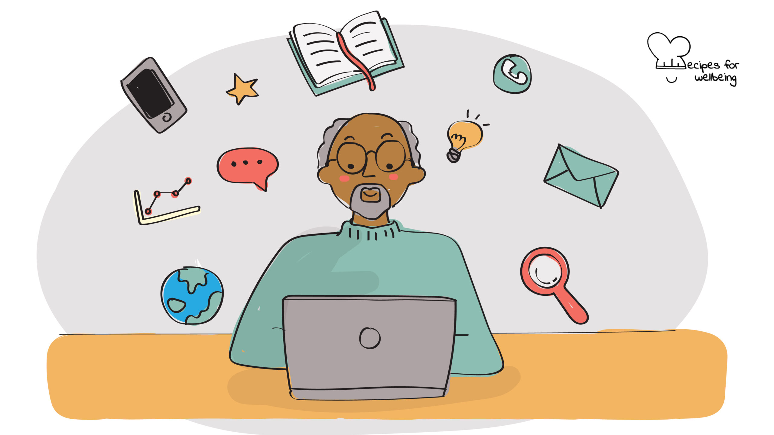 Learning how to learn Illustration of an elderly person sitting in front of a laptop. © Recipes for Wellbeing