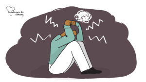 Managing stress Illustration of person sitting on the floor in a crunched position that expresses distress. © Recipes for Wellbeing