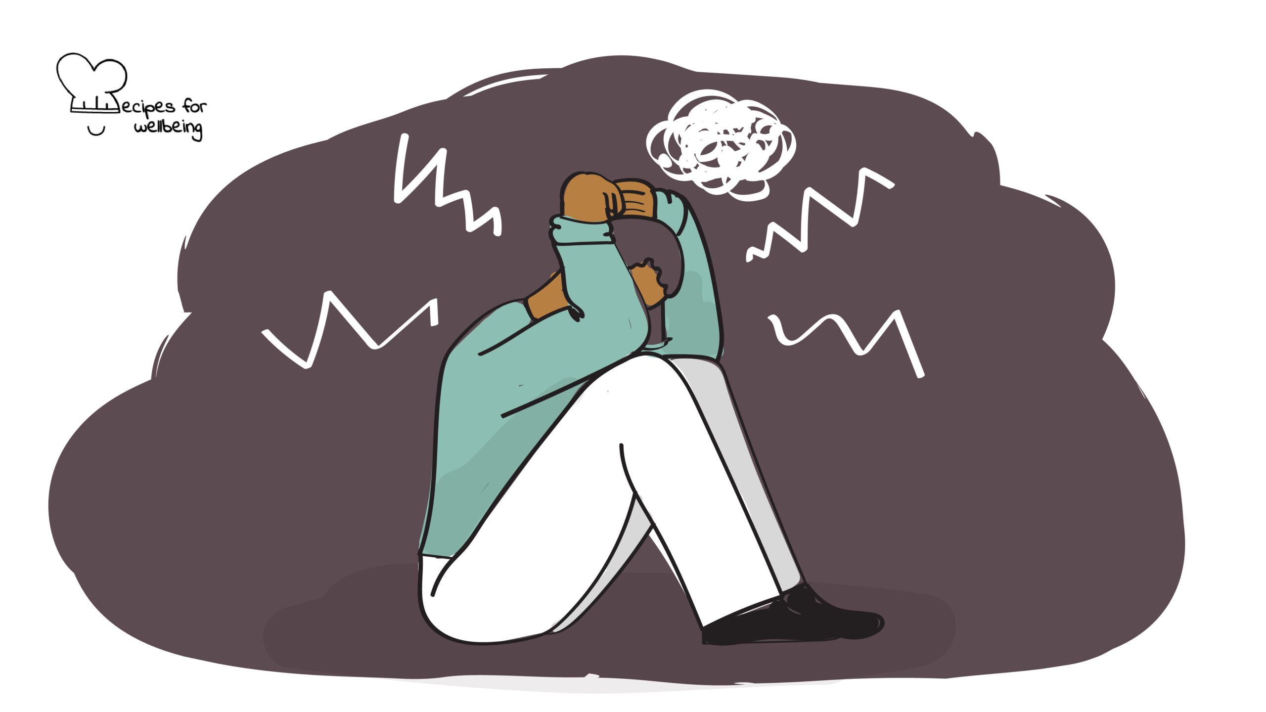 Managing stress Illustration of person sitting on the floor in a crunched position that expresses distress. © Recipes for Wellbeing