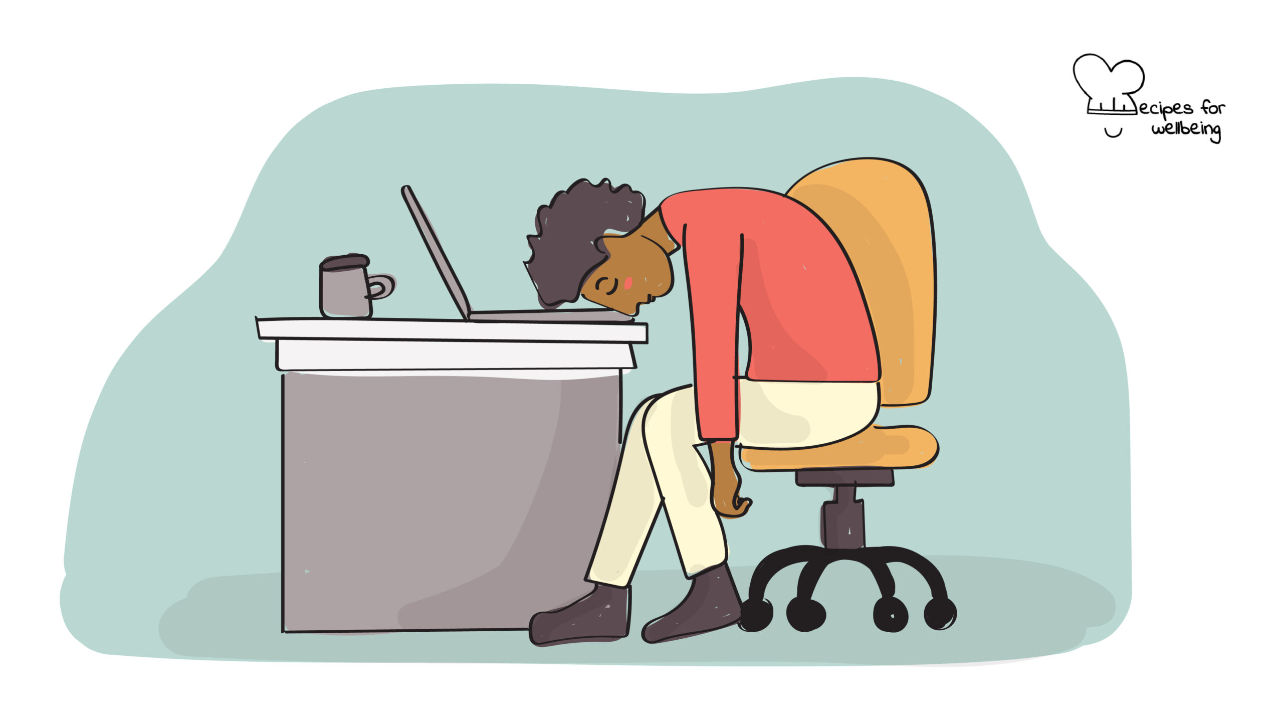 Mental health for employers Illustration of a person sitting at their work desk resting their head on their laptop. © Recipes for Wellbeing