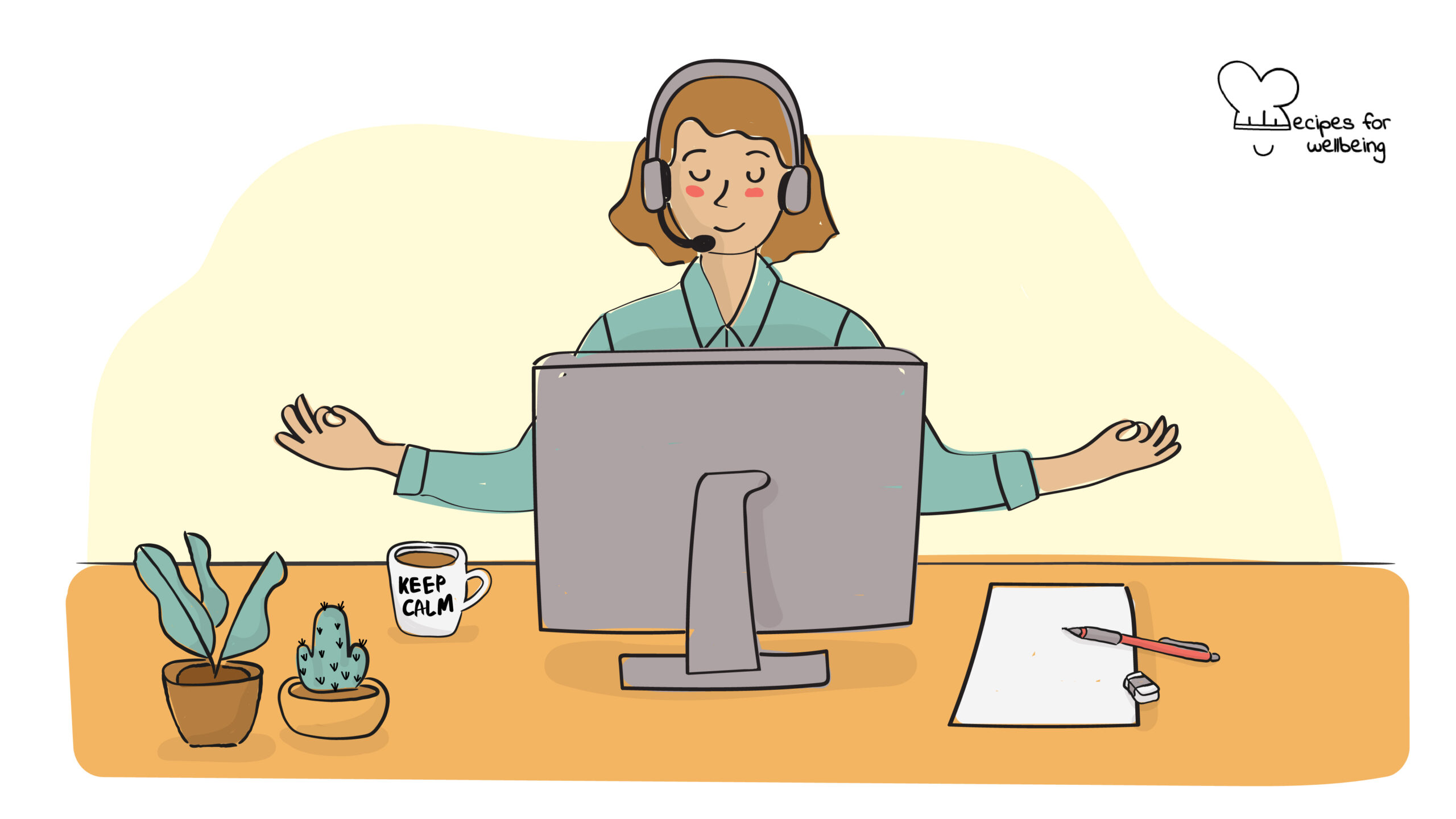 Mental health in the workplace Illustration of a person sitting at their work desk behind a computer in a relaxed pose. © Recipes for Wellbeing