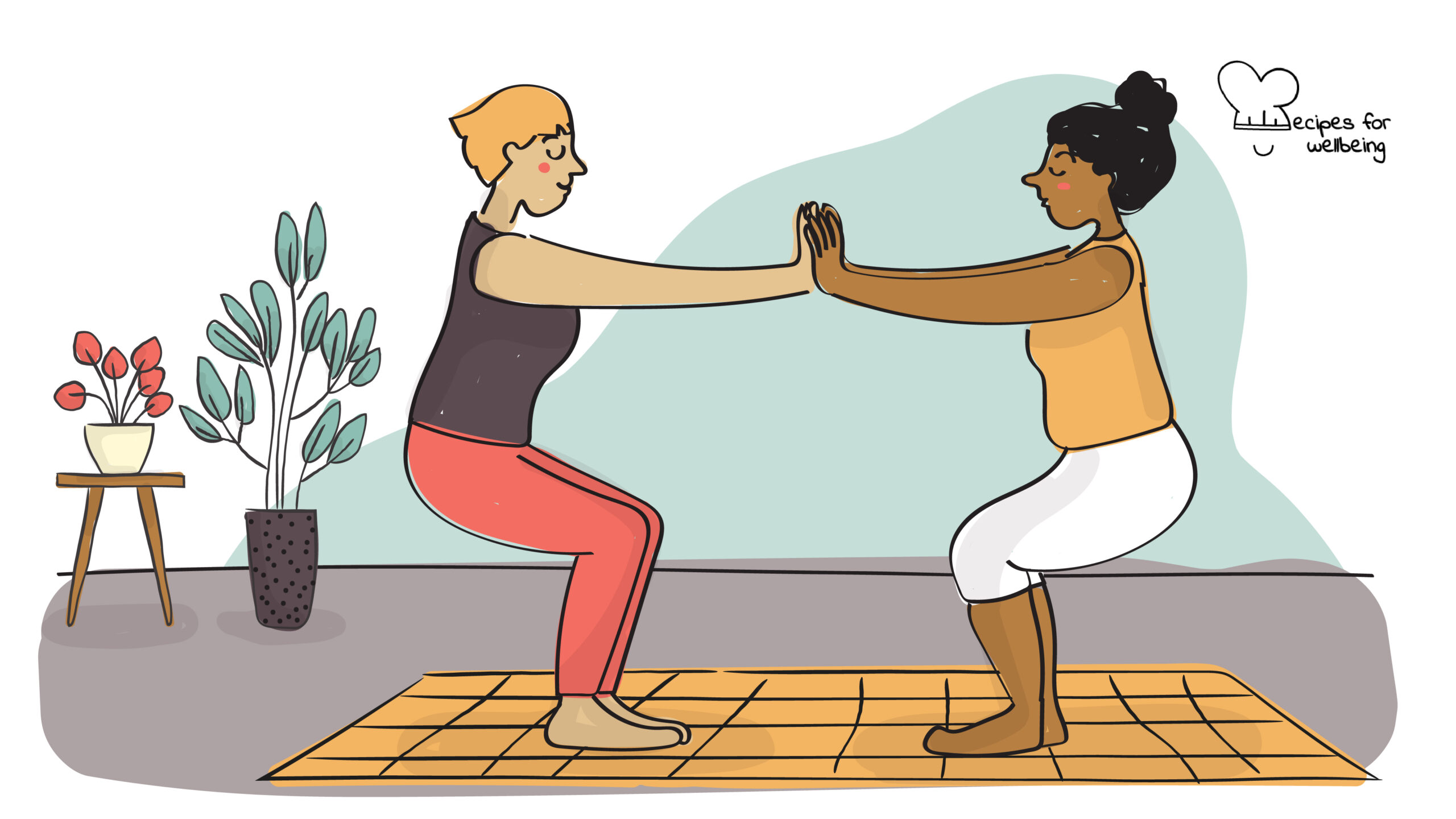 Mindful awareness through the body Illustration of two people standing in front of each other and pressing their hands together to maintain balance. © Recipes for Wellbeing