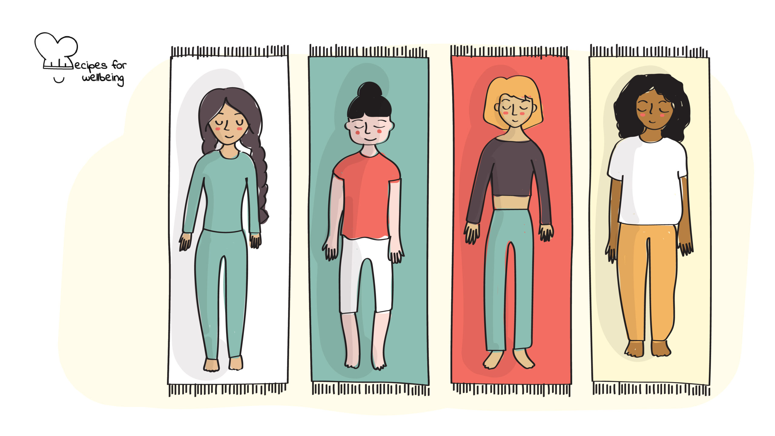 Mindful check-in Illustration of four people lying down on carpets in a relaxing pose. © Recipes for Wellbeing