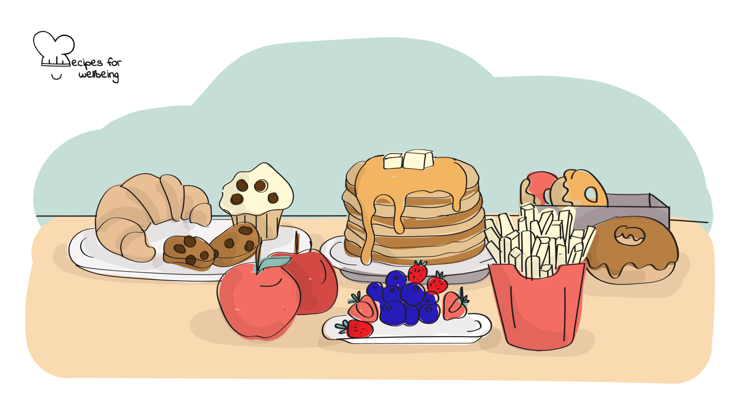 Mindful eating Illustration of a selection of food on a table. © Recipes for Wellbeing