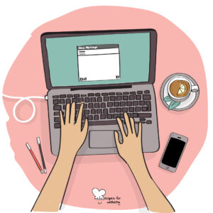 Mindful emailing Illustration of a pair of hands typing an email on a laptop. © Recipes for Wellbeing