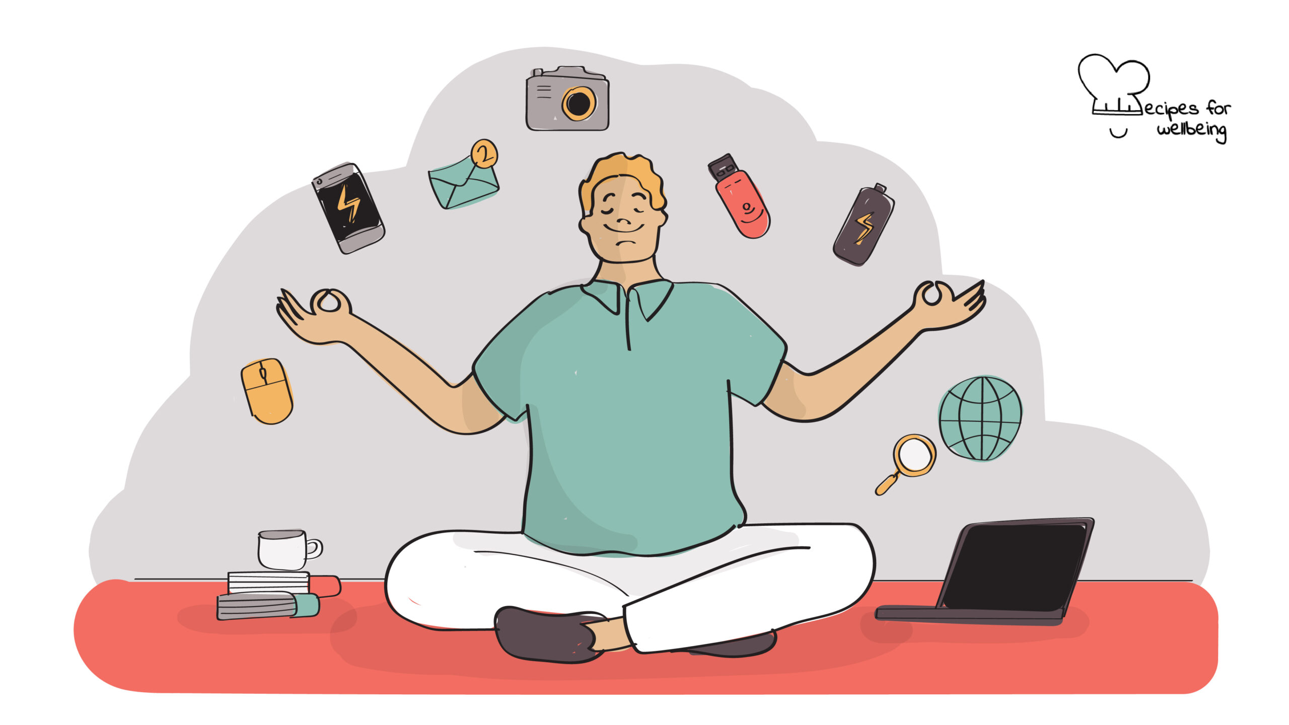 Mindful tech meditation Illustration of person sitting cross-legged in a meditative state with tech items surrounding them. © Recipes for Wellbeing