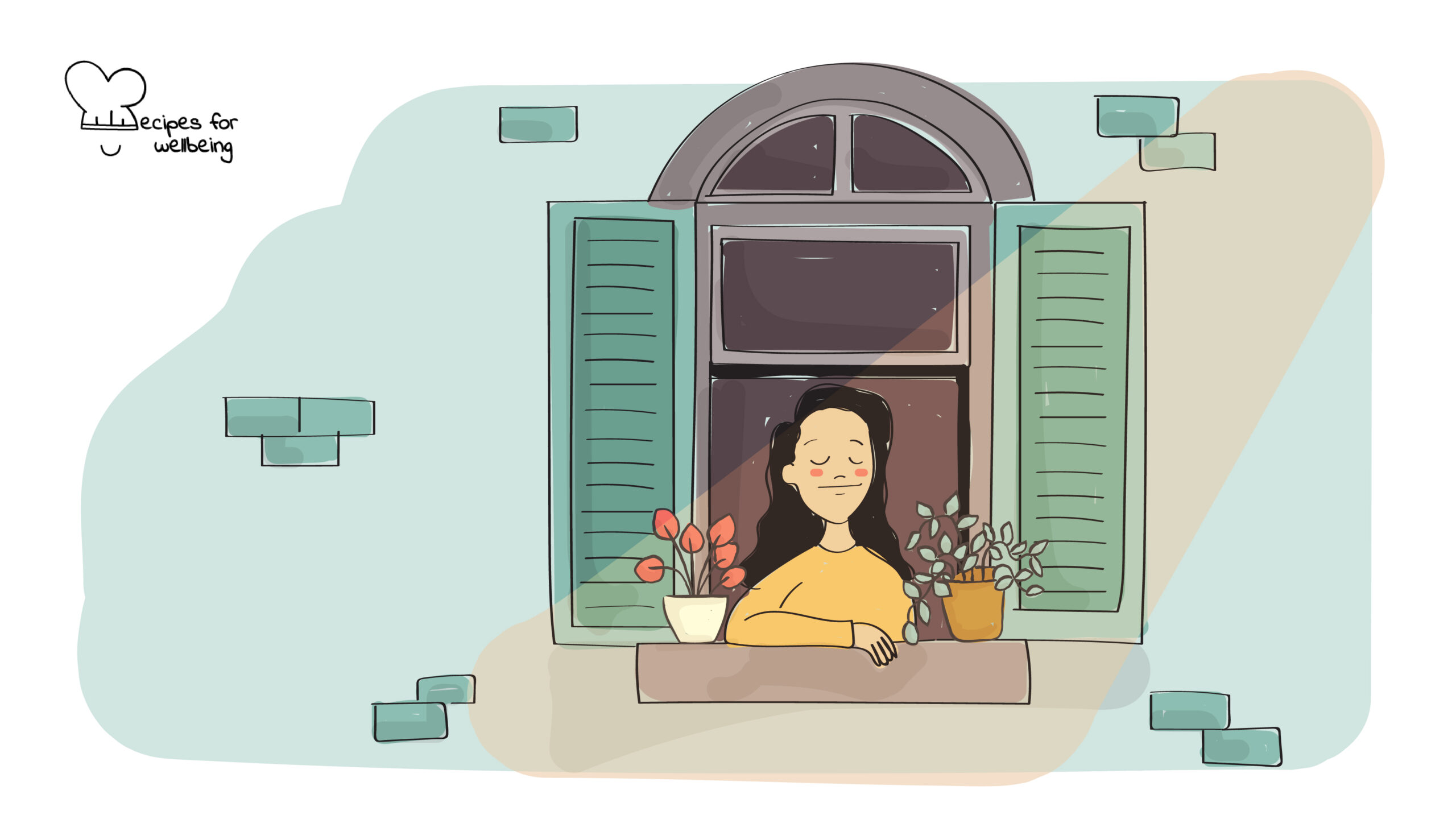 Morning intention setting Illustration of a person by a window with their eyes closed. © Recipes for Wellbeing