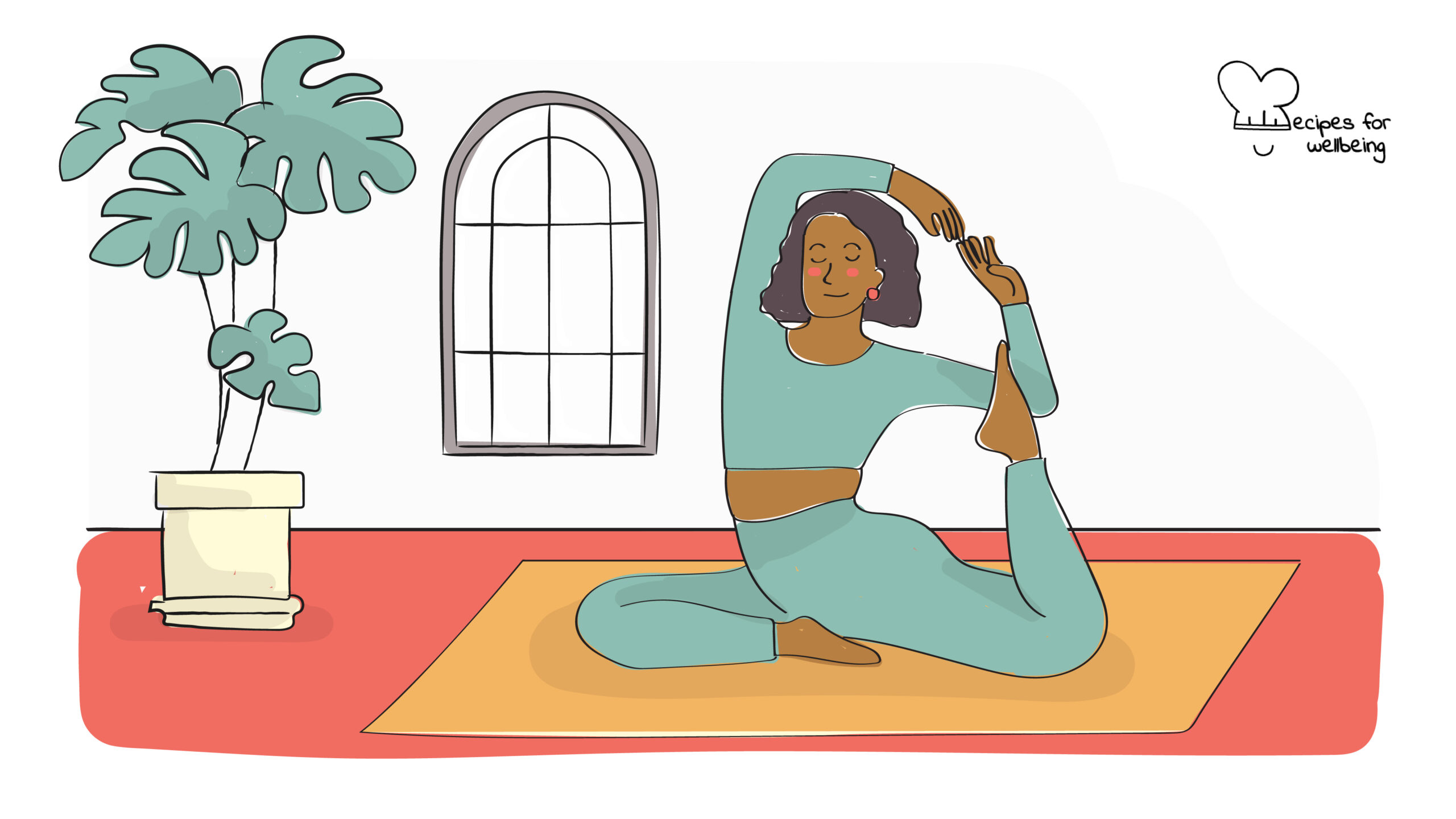 Morning yoga routine Illustration of a person in the mermaid yoga pose. © Recipes for Wellbeing