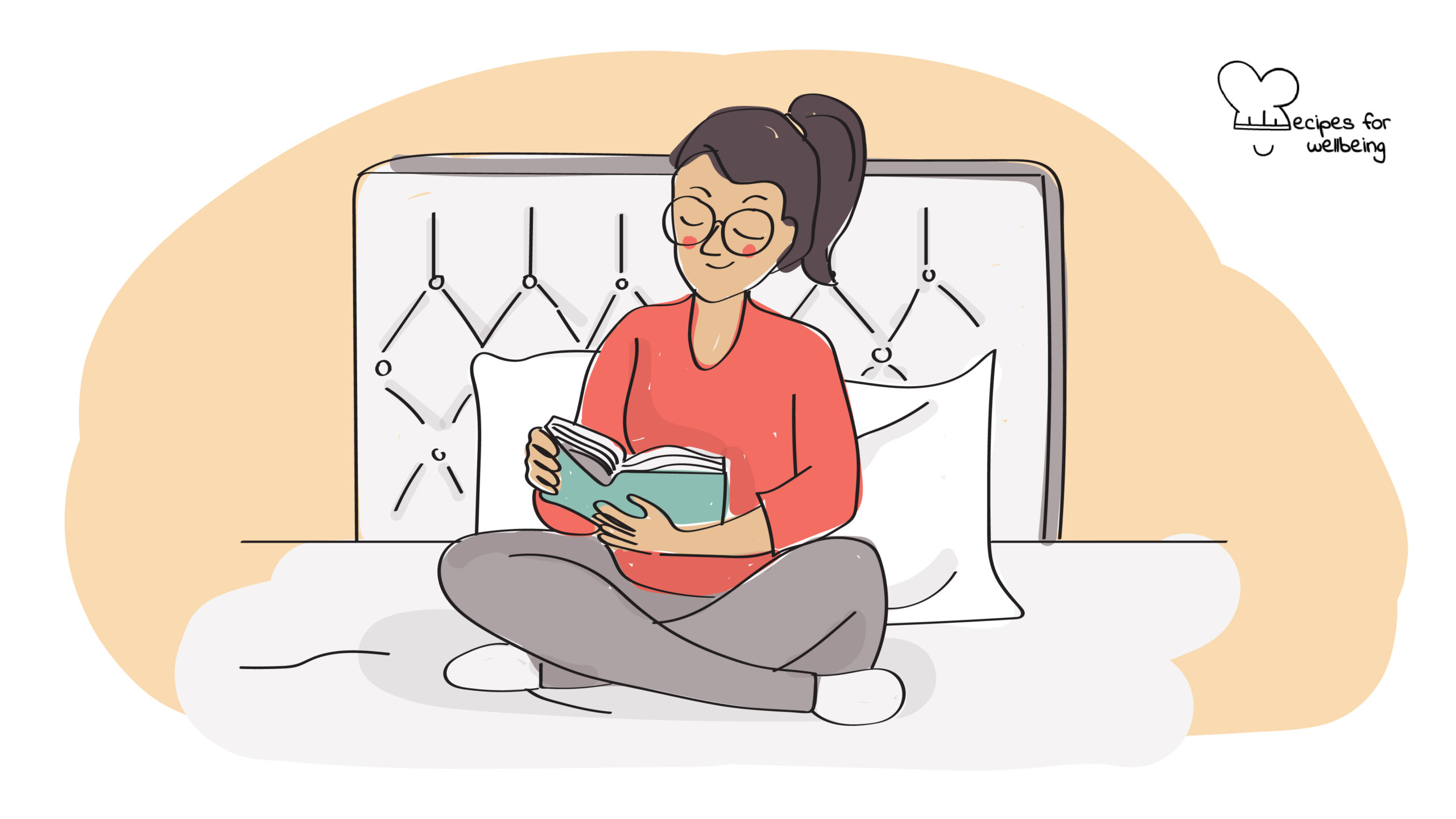 Narrative reframing for sleep Illustration of a person reading a book in bed. © Recipes for Wellbeing
