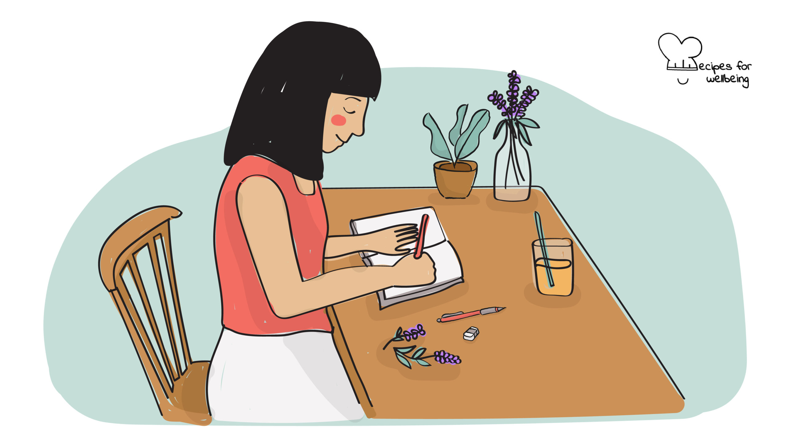 New Year’s Manifesto Illustration of a person sitting at a desk writing on a journal. © Recipes for Wellbeing