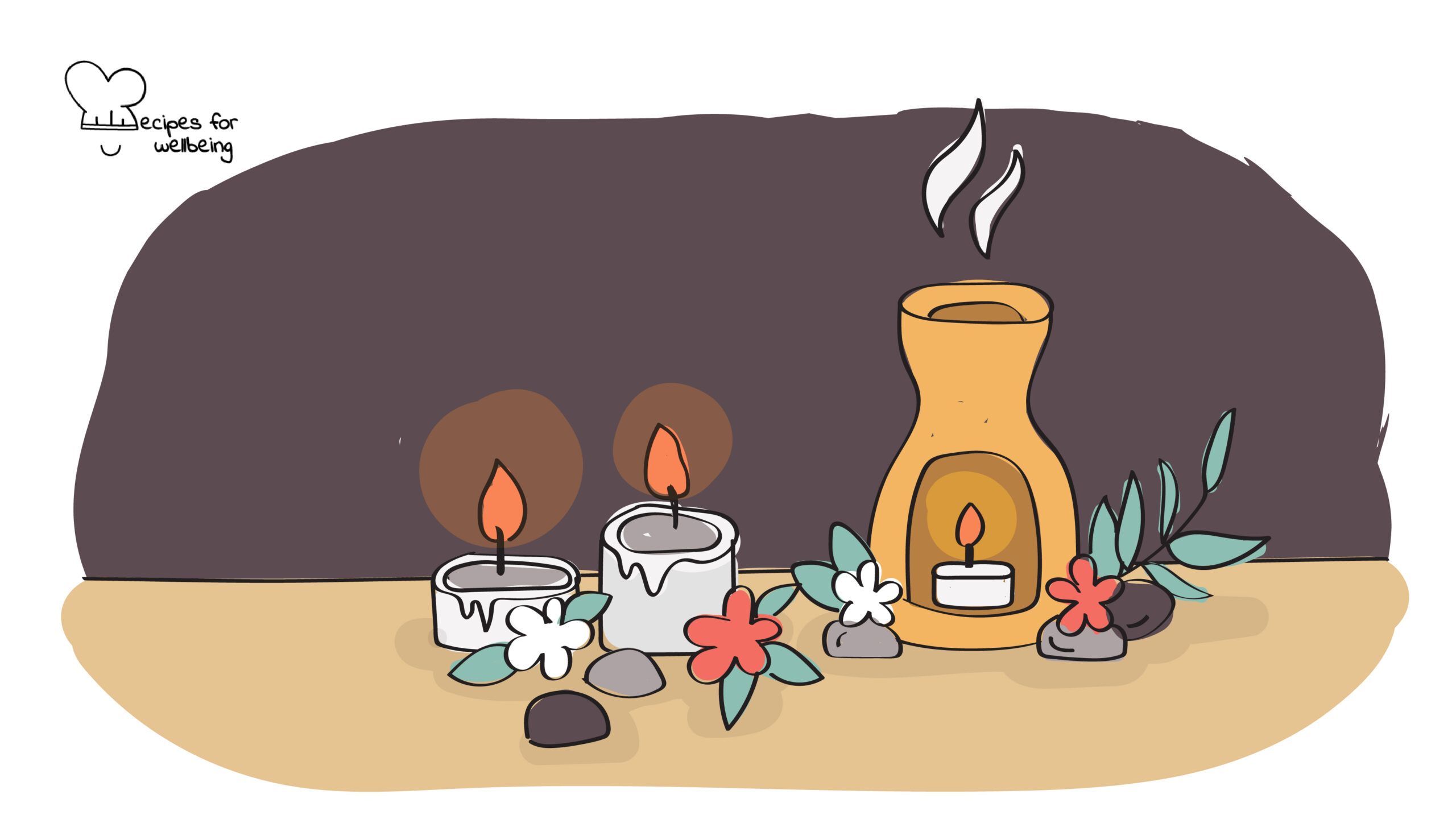 Open sentences on gratitude Illustration of a few candles, flowers, and pebbles. © Recipes for Wellbeing