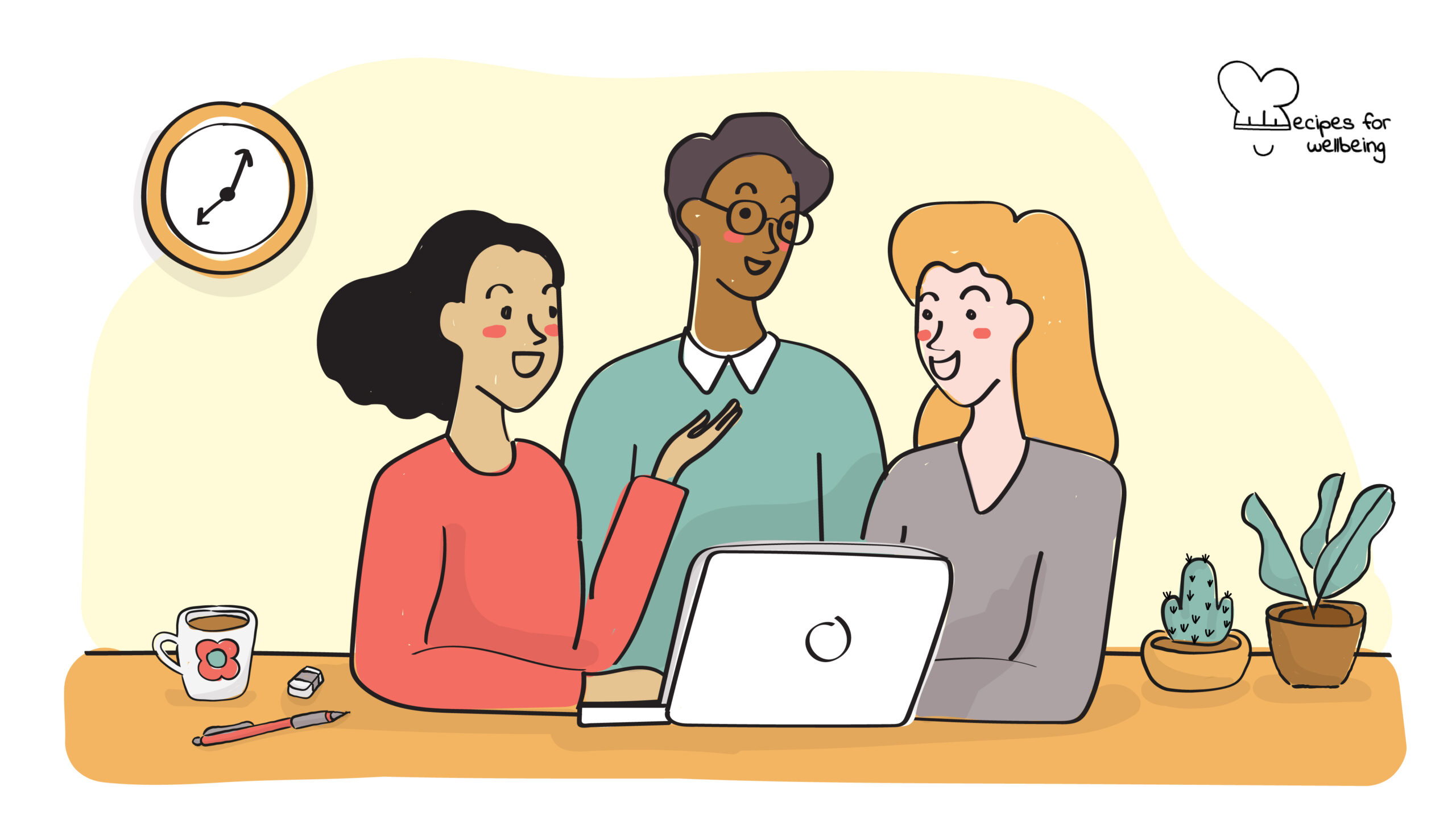 Organisations as inquiring systems Illustration of three people talking to each other behind a laptop. © Recipes for Wellbeing