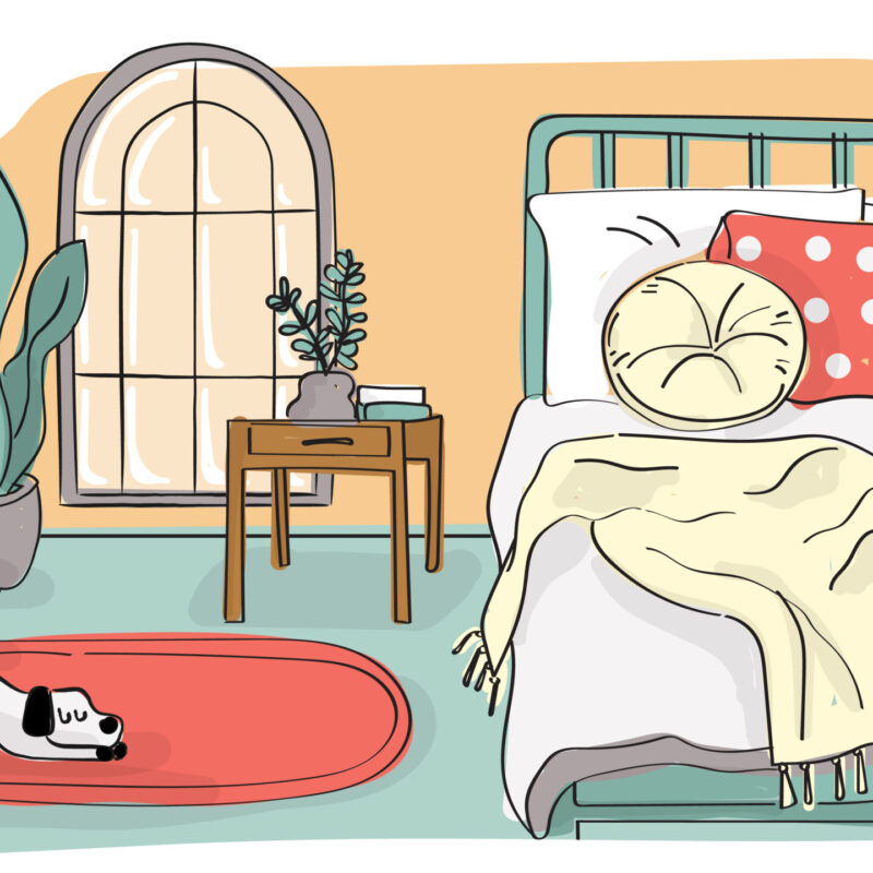 Pleasure activism Illustration of bedroom with a bed, a side table, a plant, and a dog. © Recipes for Wellbeing