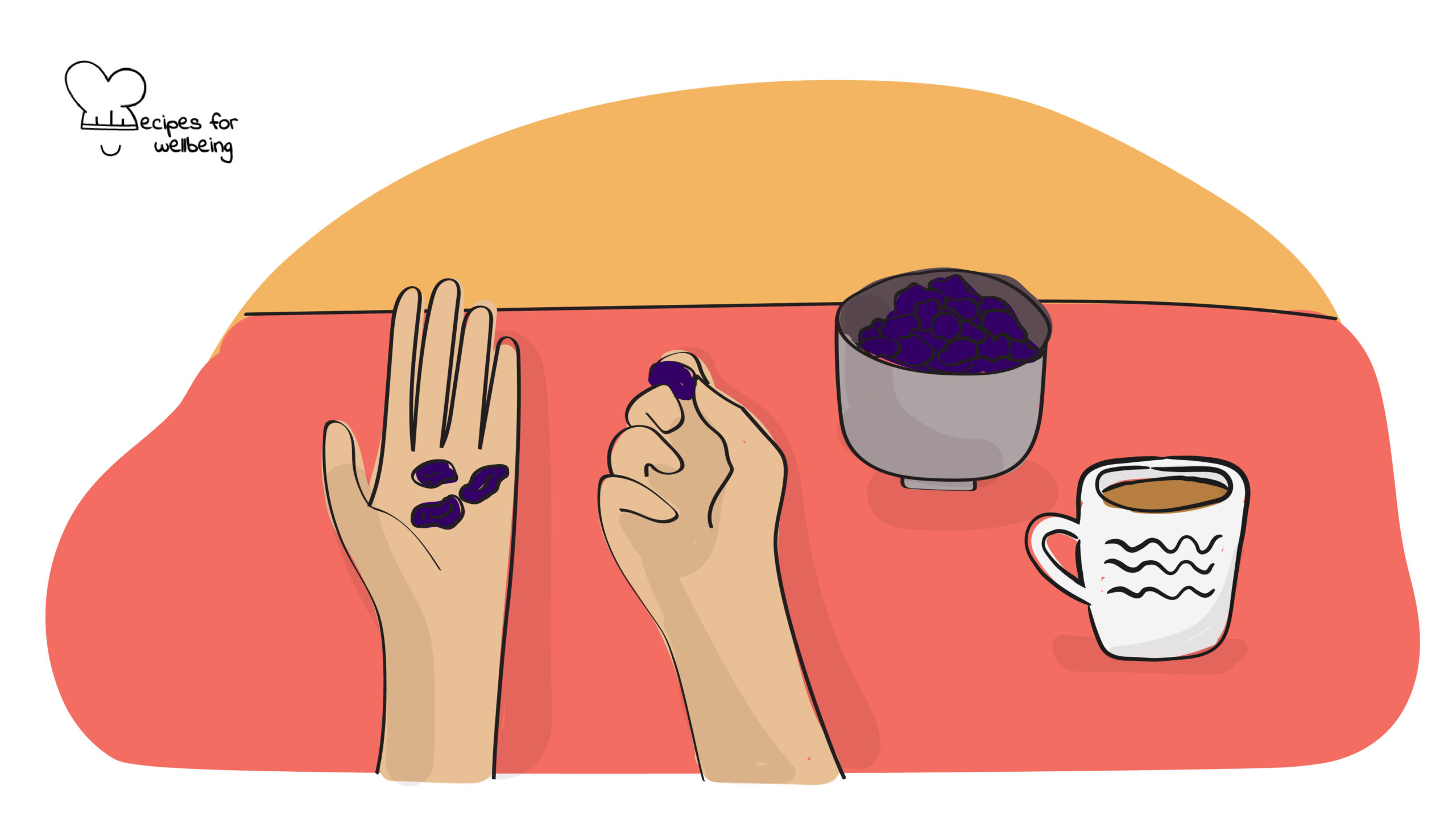 Raisin meditation Illustration of a person's hand holding a few raisins). © Recipes for Wellbeing