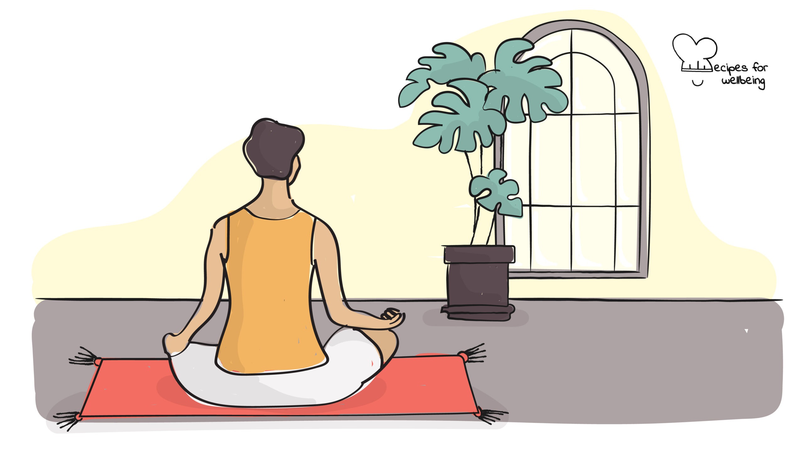 Regression meditation Illustration of a person sitting cross-legged on the floor in a meditative pose. © Recipes for Wellbeing