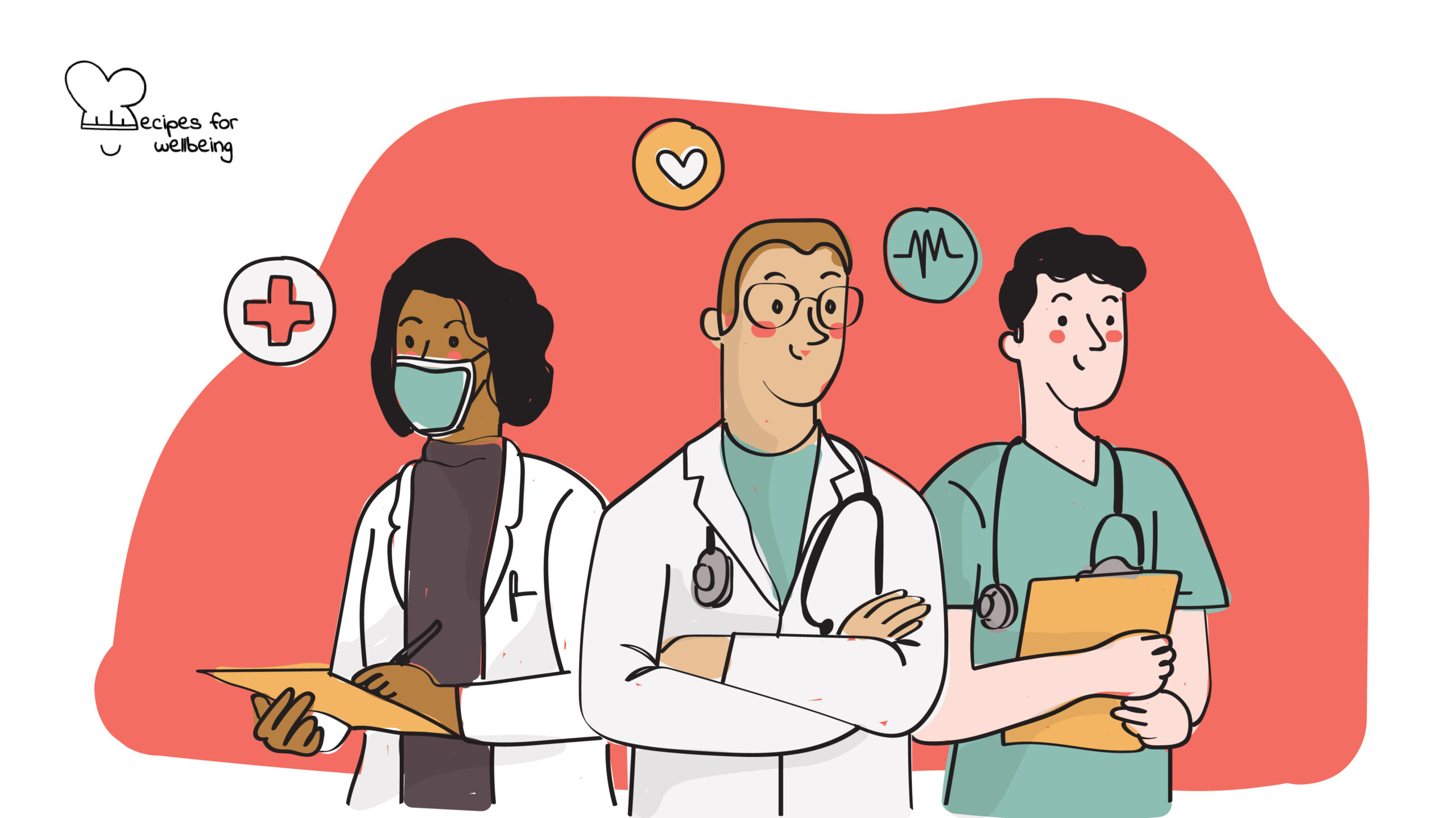 SDG3- Ensure healthy lives and promote well-being for all at all ages Illustration of a three medical professionals. © Recipes for Wellbeing