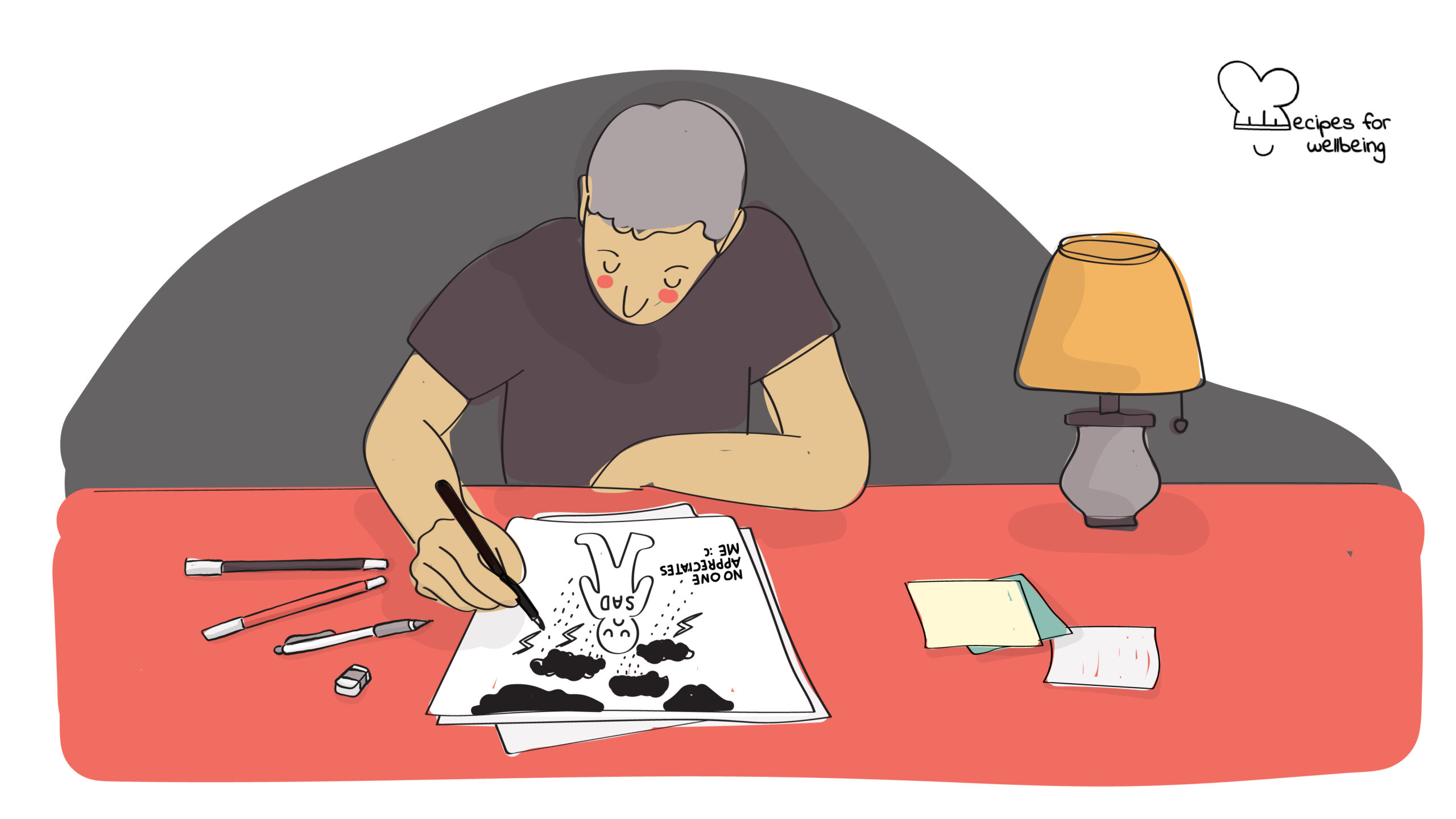 Self-compassion for your inner child Illustration of a person drawing on a template with a figure of a child. © Recipes for Wellbeing
