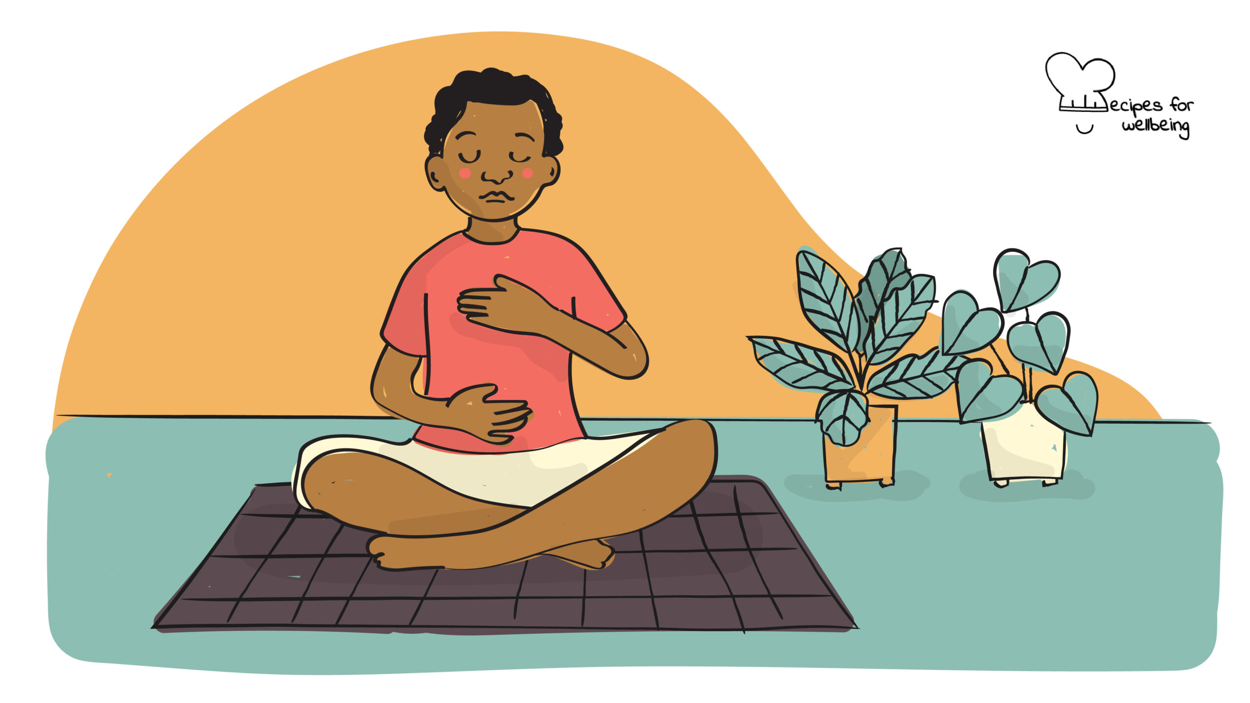 Simple breathing exercise Illustration of a person sitting cross-legged with one hand resting on the chest and the other on the belly to feel the rising and falling sensations of the breath. © Recipes for Wellbeing