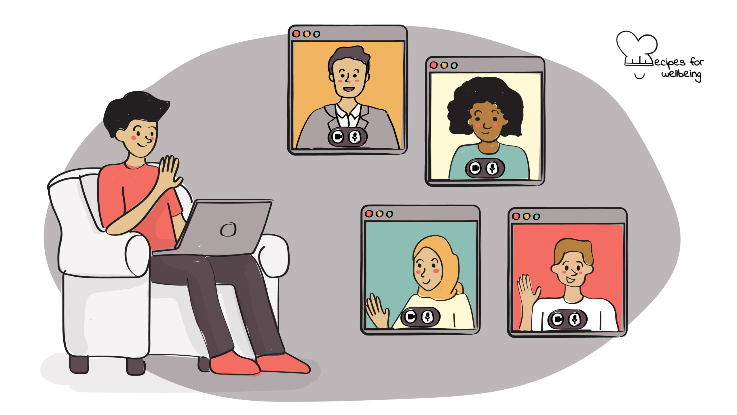 Social universe Illustration of a person sitting on a couch with a laptop connecting digitally with other four people. © Recipes for Wellbeing