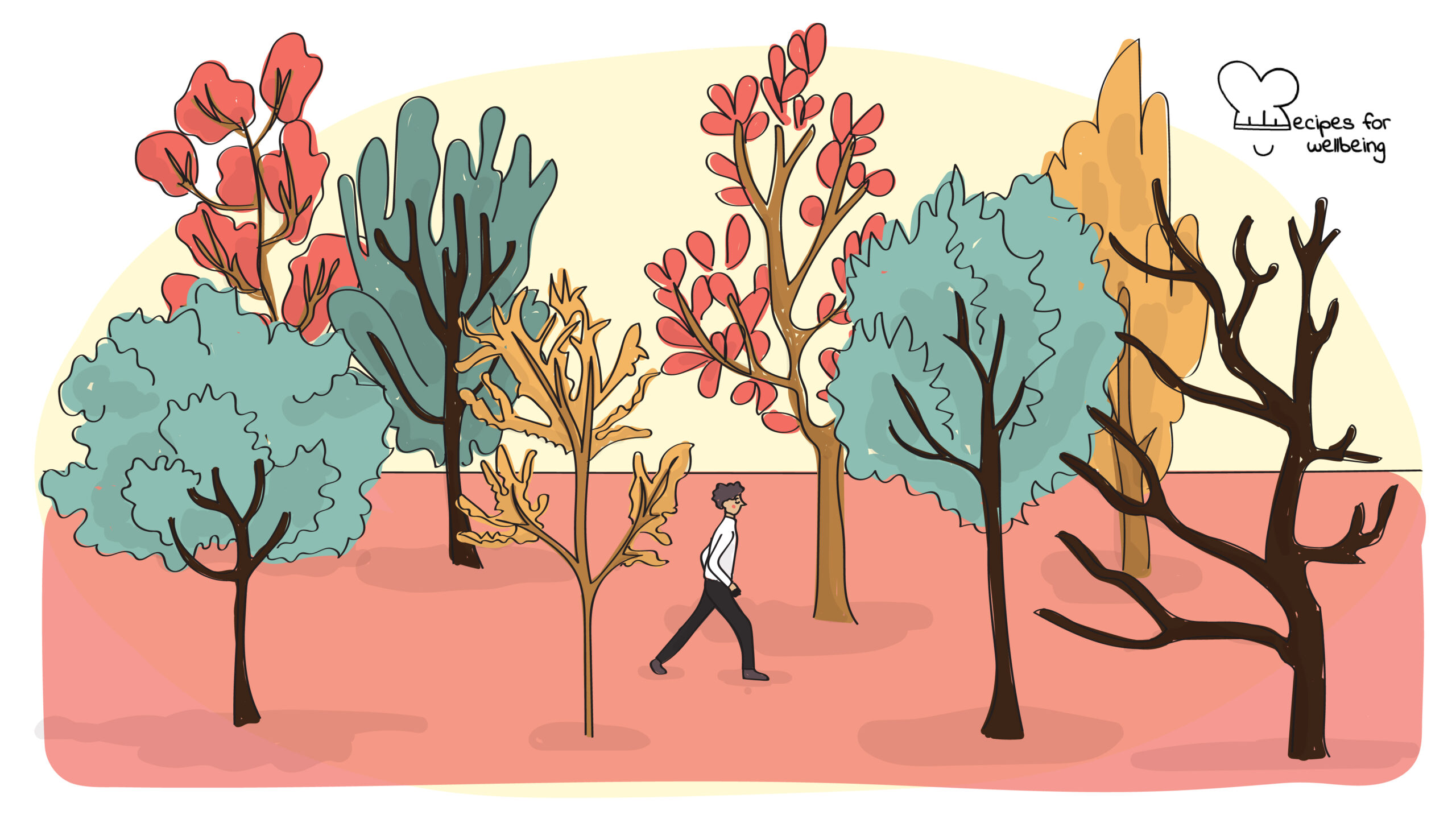 Solo day Illustration of a person walking in Nature surrounded by trees. © Recipes for Wellbeing