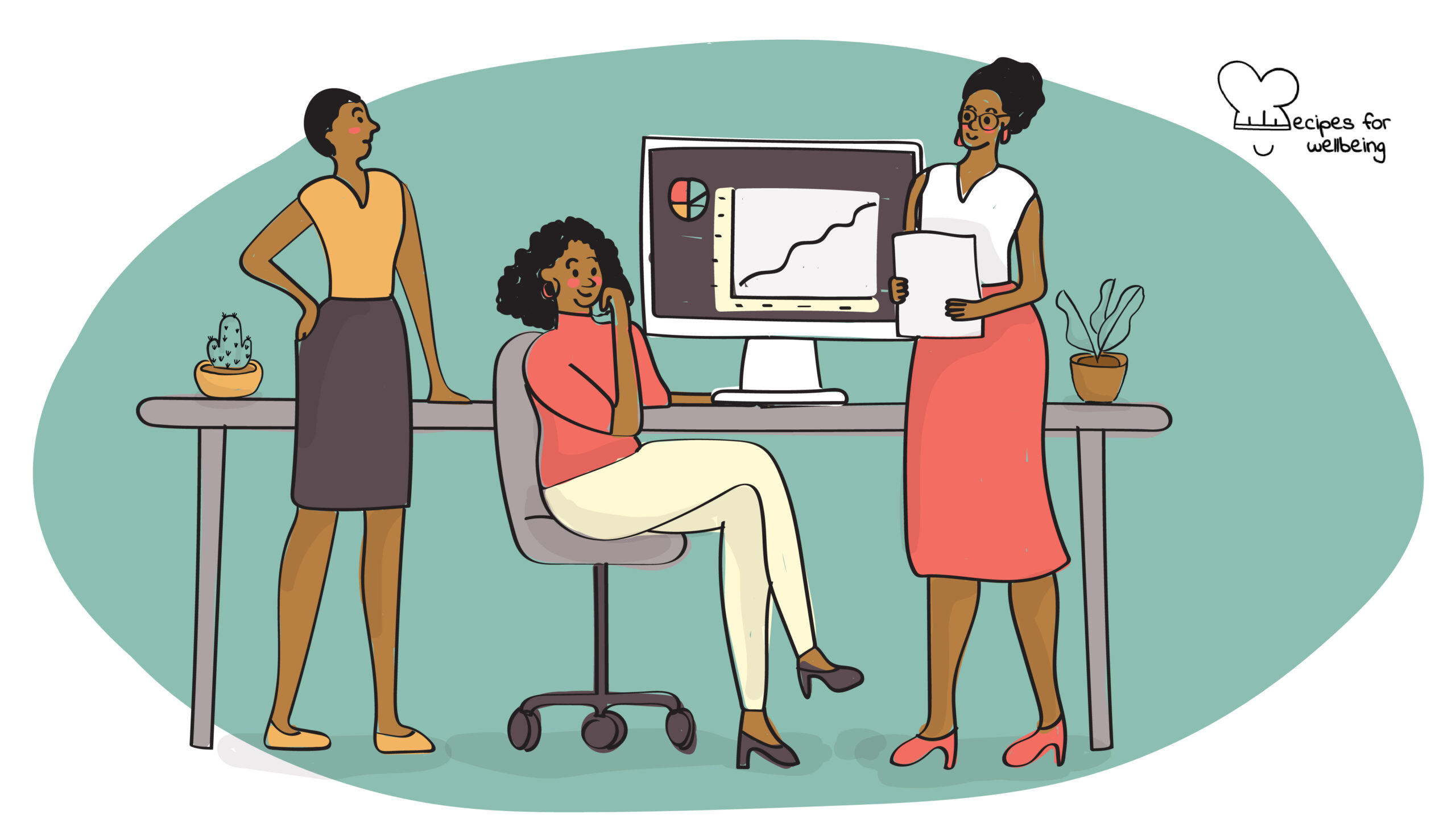 Stopping micro-aggressions for women of colour in employment Illustration of three womxn of colour in a workplace setting. © Recipes for Wellbeing