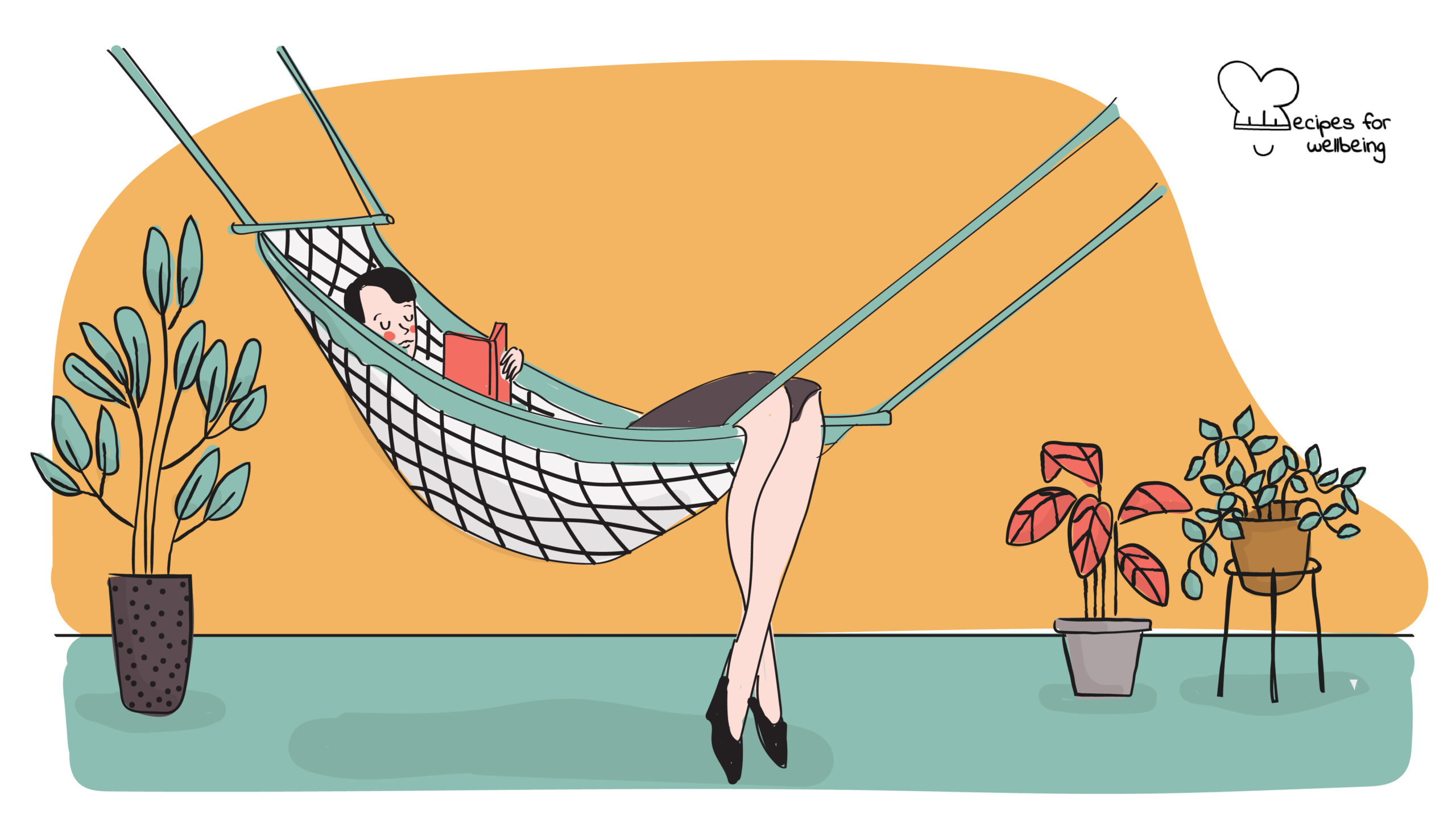 Stress diary Illustration of a person writing in a diary whilst resting on a hammock. © Recipes for Wellbeing