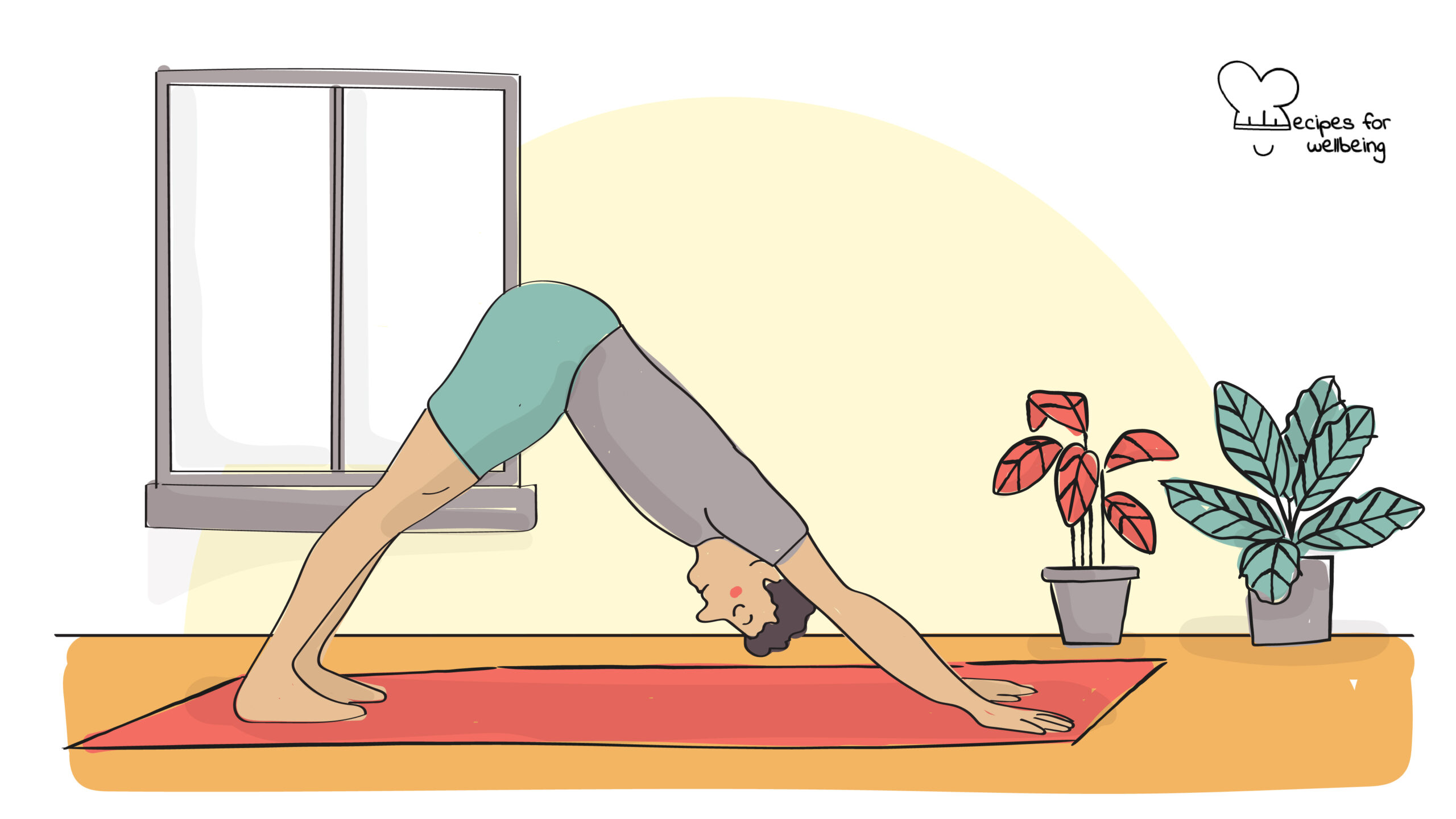 Sun salutation Illustration of a person in Adho Mukha Svanasana (downward-facing dog). © Recipes for Wellbeing