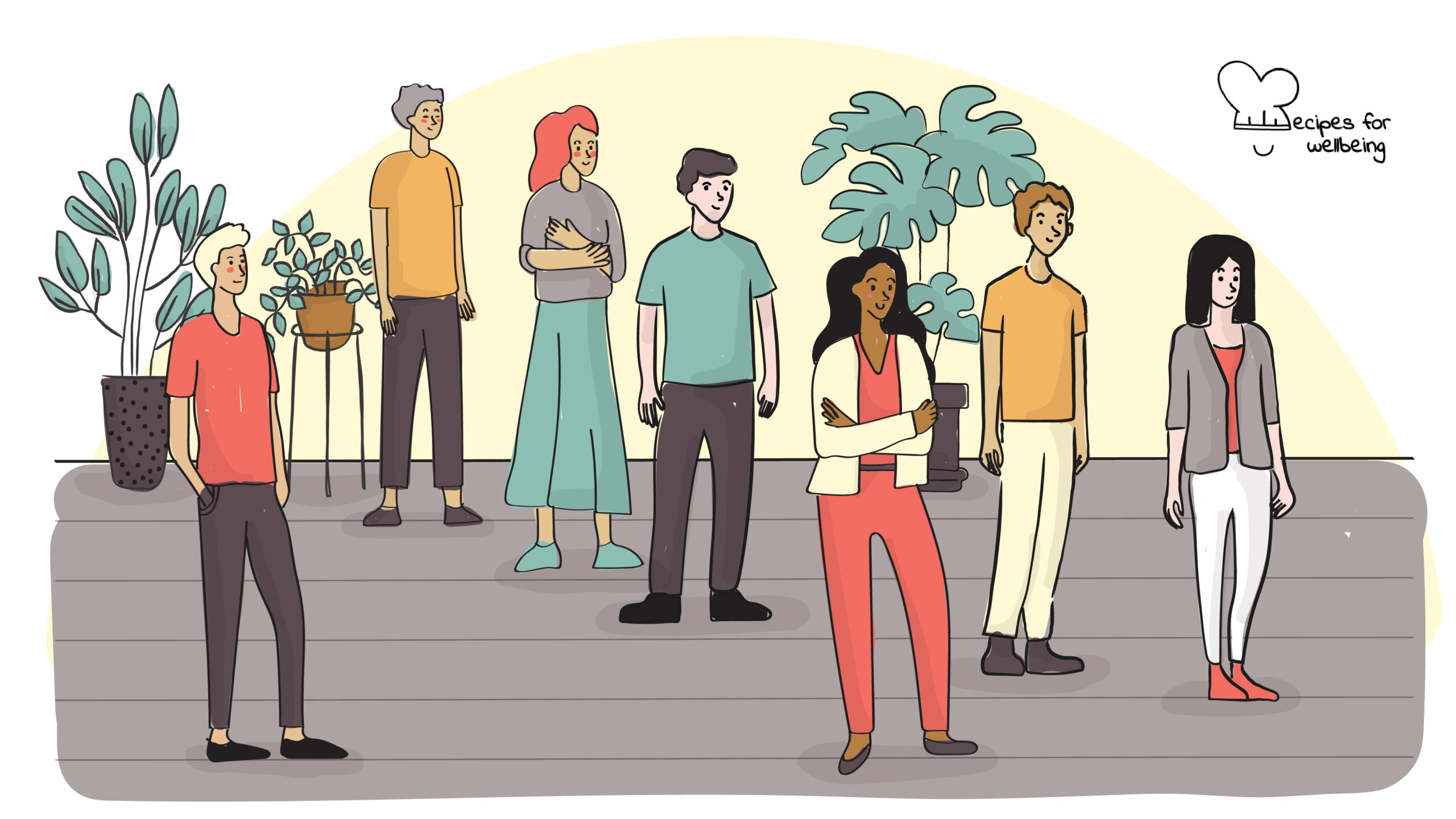 Take a step forward Illustration of people standing in different lines. © Recipes for Wellbeing