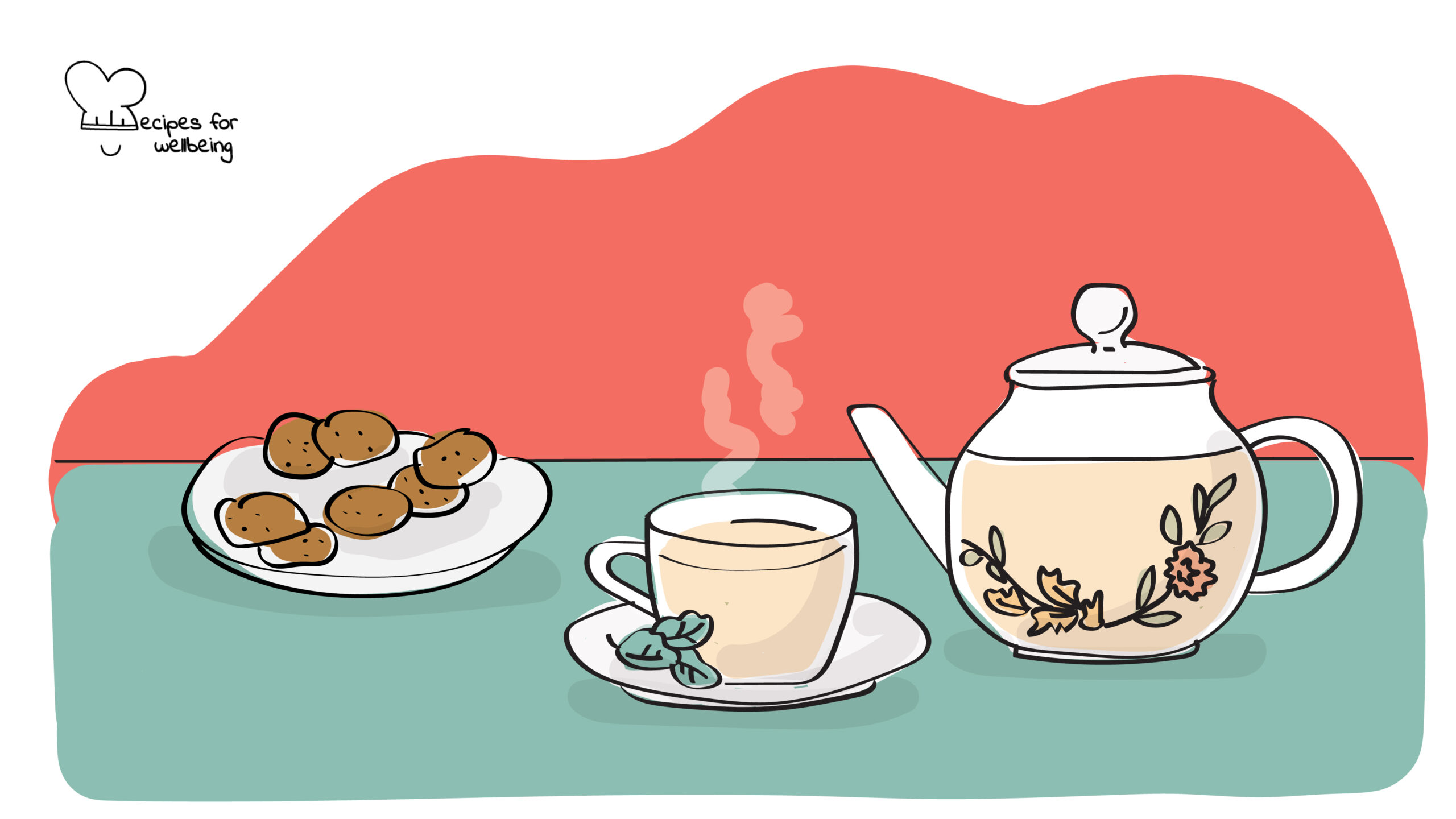 Tea meditation Illustration of a teapot and a tea cup with warm tea and a plate with biscuits. © Recipes for Wellbeing