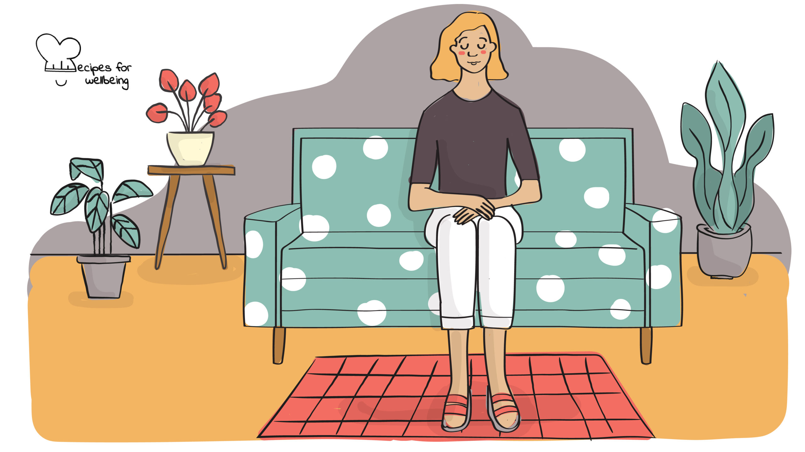 The art of happiness Illustration of a person sitting on a sofa in a meditative pose (eyes closed, hands resting on the legs and feet planted on the floor). © Recipes for Wellbeing