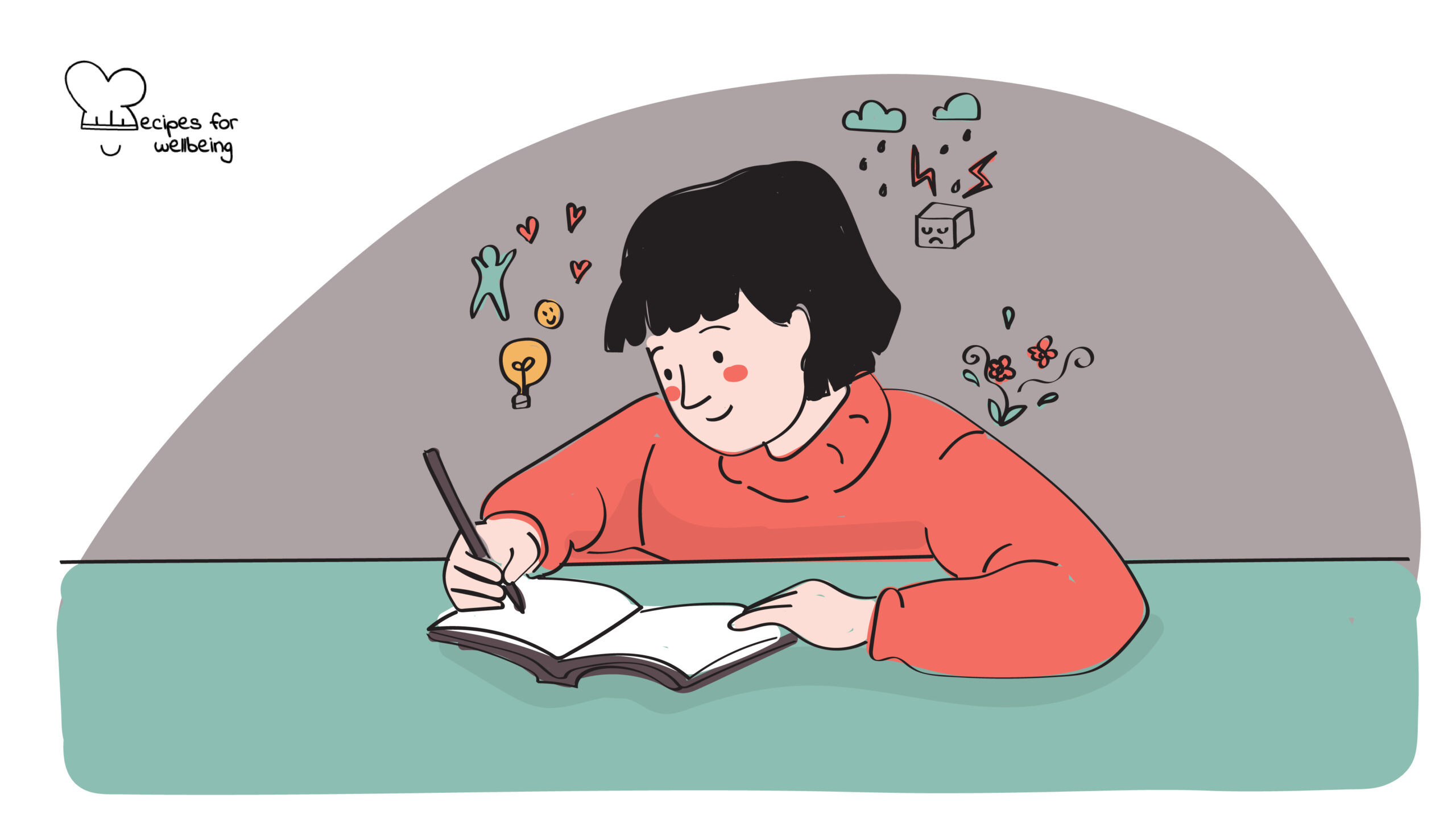 The book of life Illustration of a person writing in a notebook. © Recipes for Wellbeing