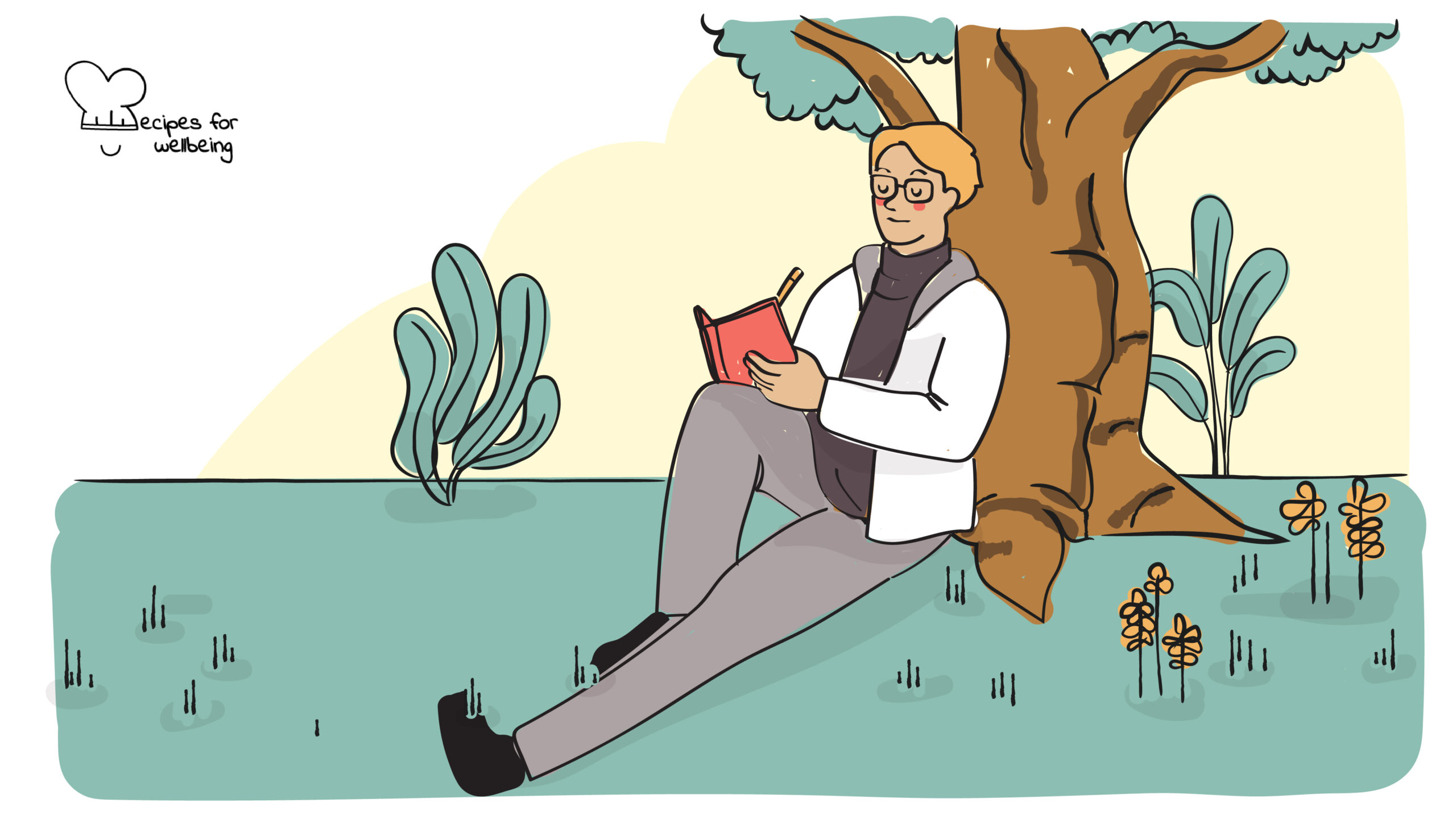 The deathbed test Illustration of a person writing in a notebook whilst sitting under a tree. © Recipes for Wellbeing