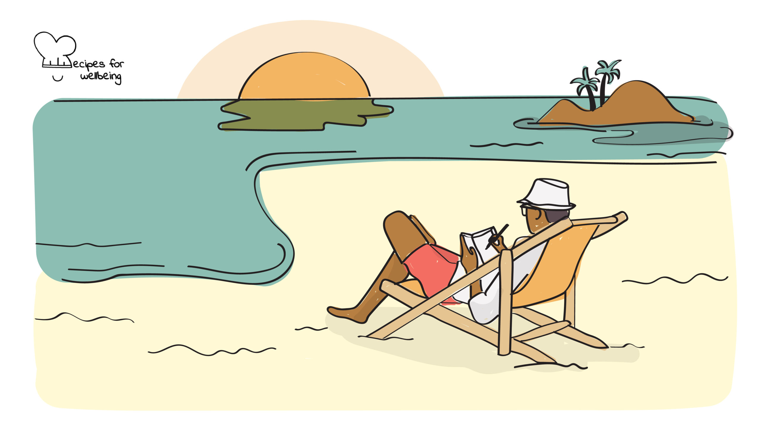 Illustration of a person writing in a notebook whilst sitting on the beach at sunset. © Recipes for Wellbeing