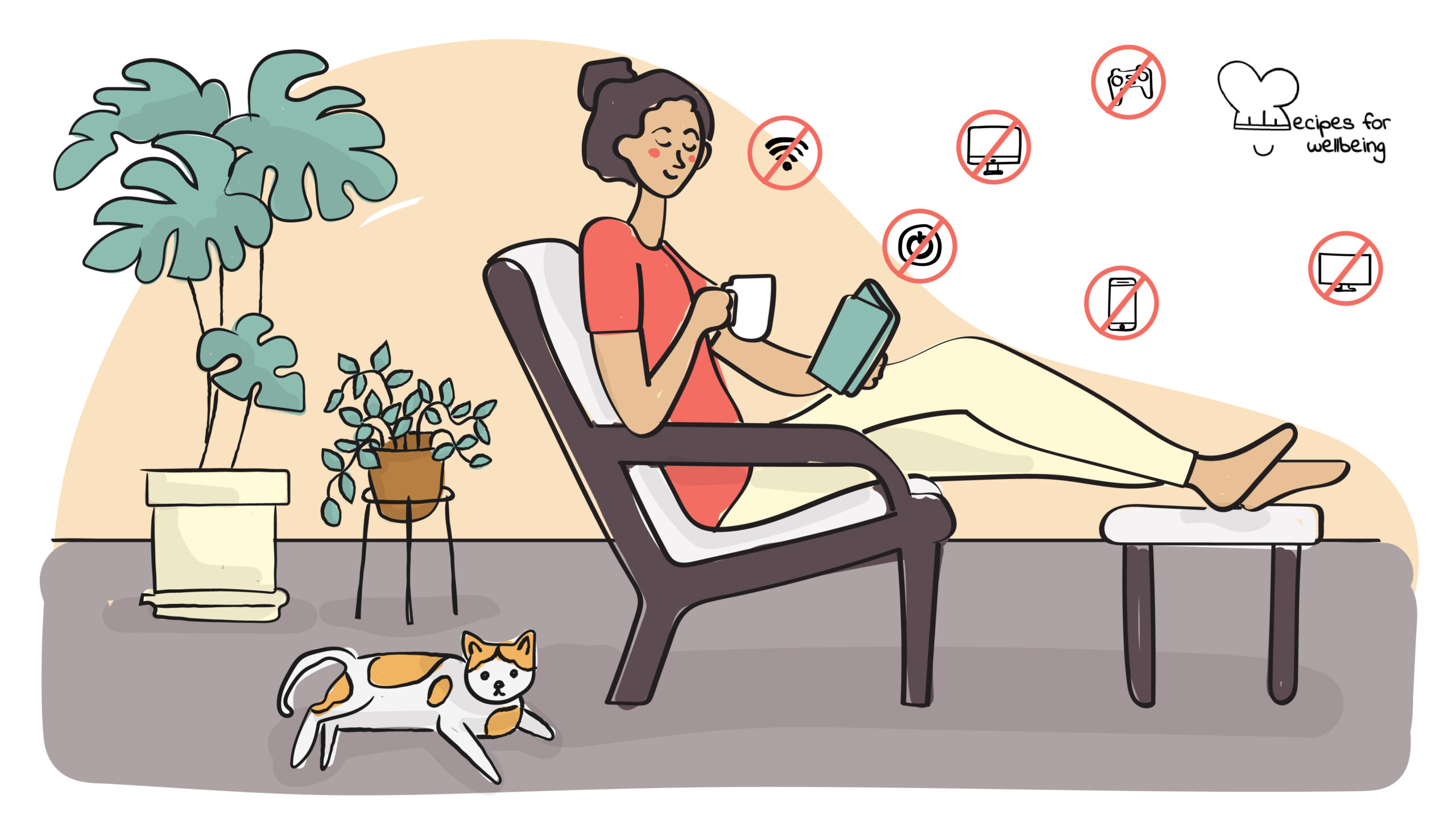 Take control of your life with a digital detox Illustration of a person sitting on a couch chair enjoying a digital detox. © Recipes for Wellbeing