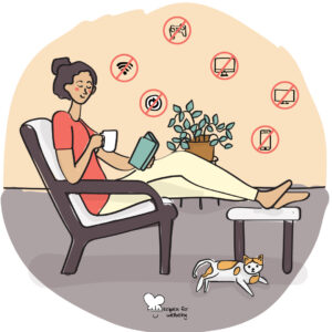 Take control of your life with a digital detox Illustration of a person sitting on a couch chair enjoying a digital detox. © Recipes for Wellbeing