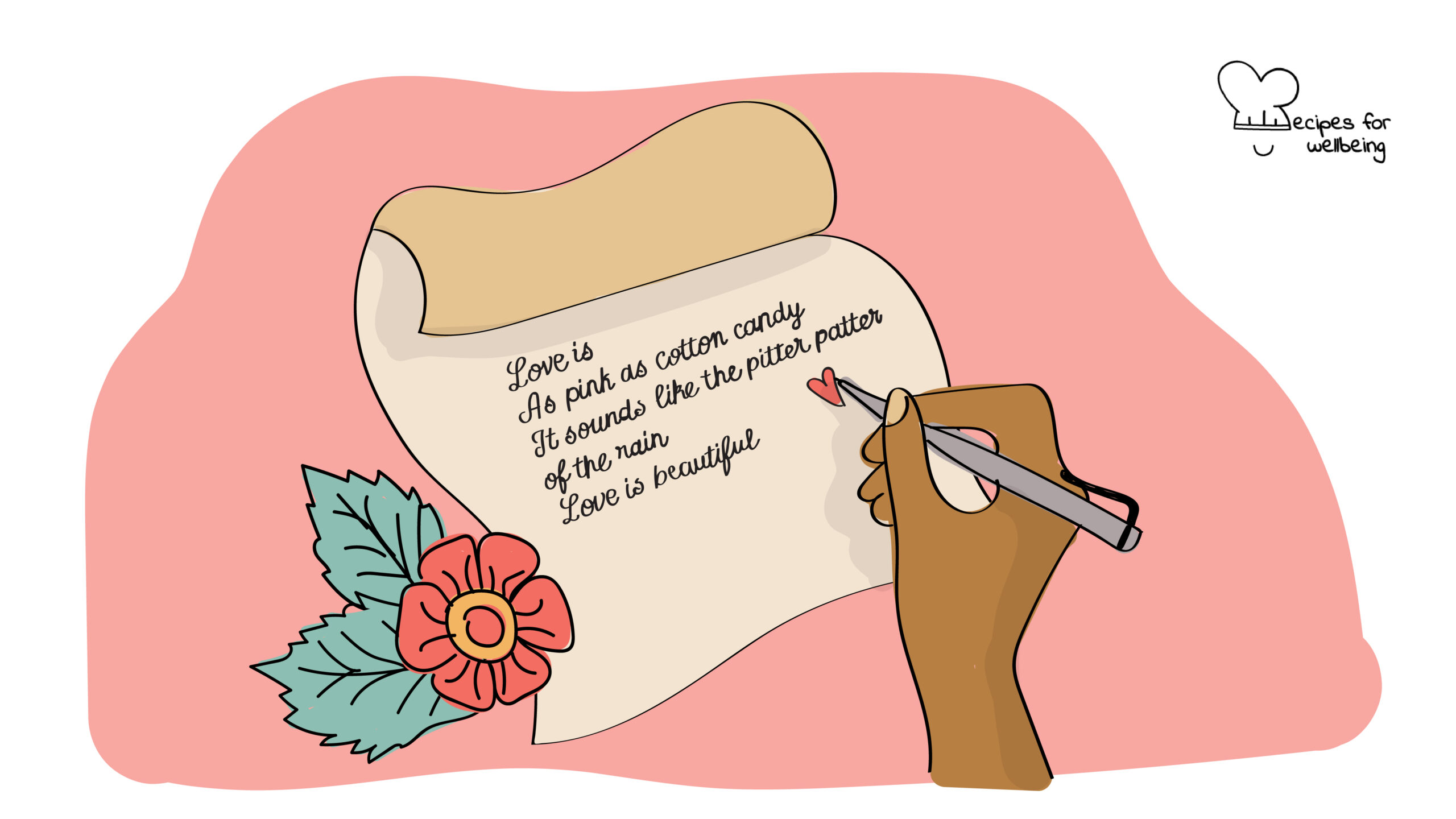 The gift of poetry Illustration of a person's hand writing a poem about love. © Recipes for Wellbeing