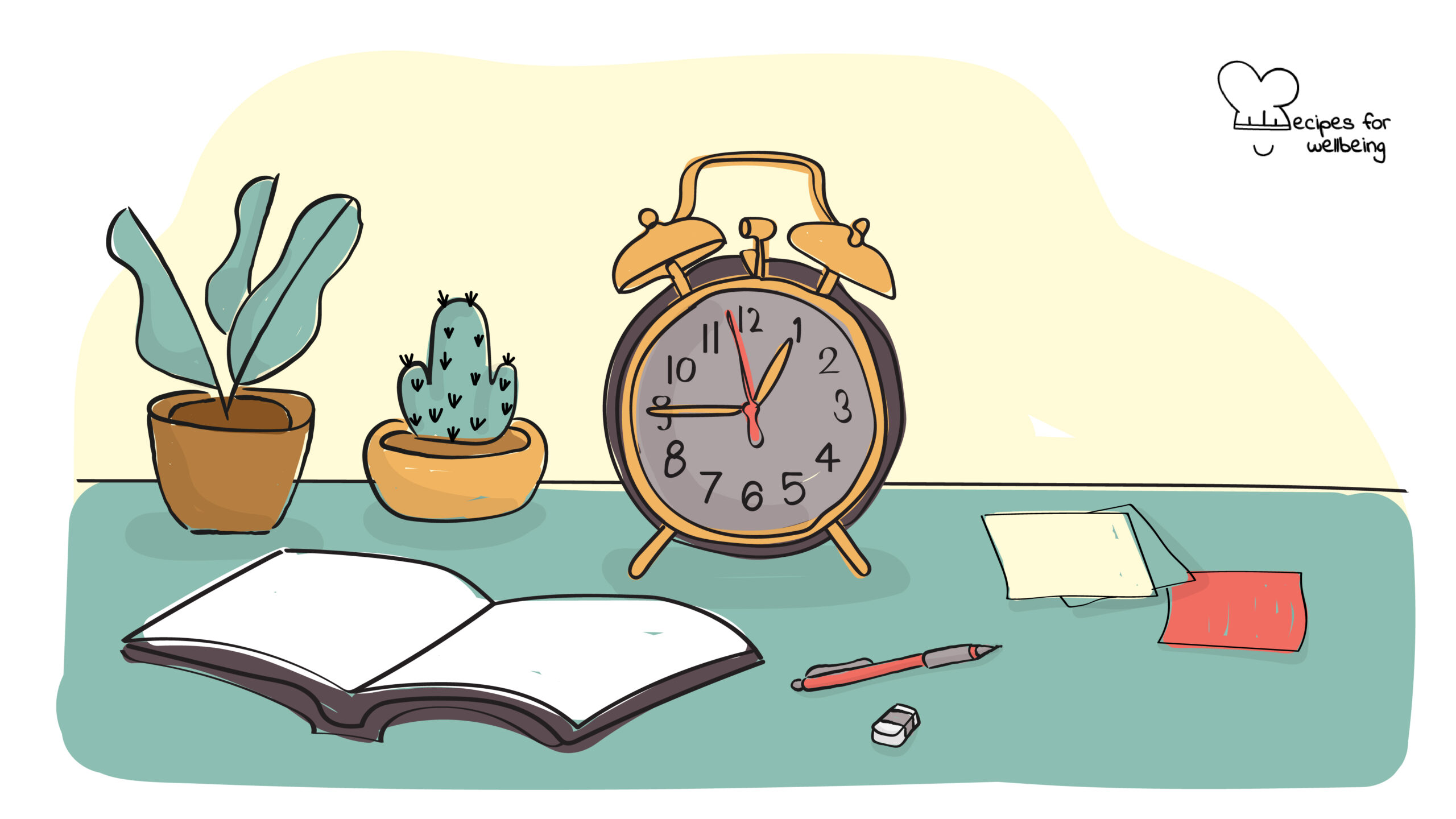 The gratitude alarm Illustration of an alarm on a table with a notebook, sticky notes, a pen, and a couple of table plants. © Recipes for Wellbeing