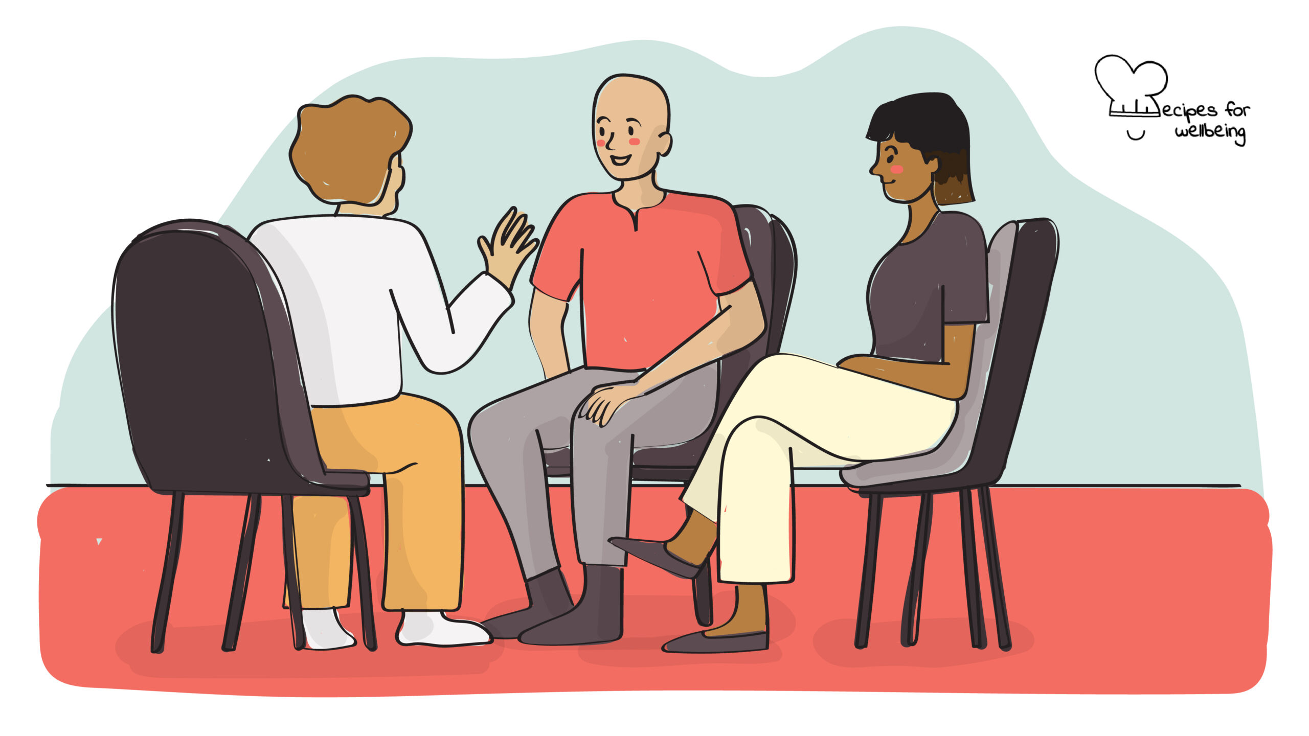 The ladder of inference Illustration of 3 people sitting on chairs talking to one another. © Recipes for Wellbeing