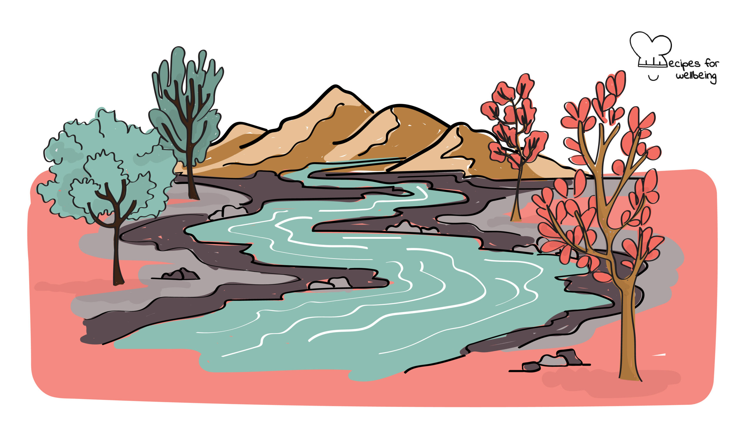 The river of life Illustration of a river flowing from the mountains into the valley. © Recipes for Wellbeing