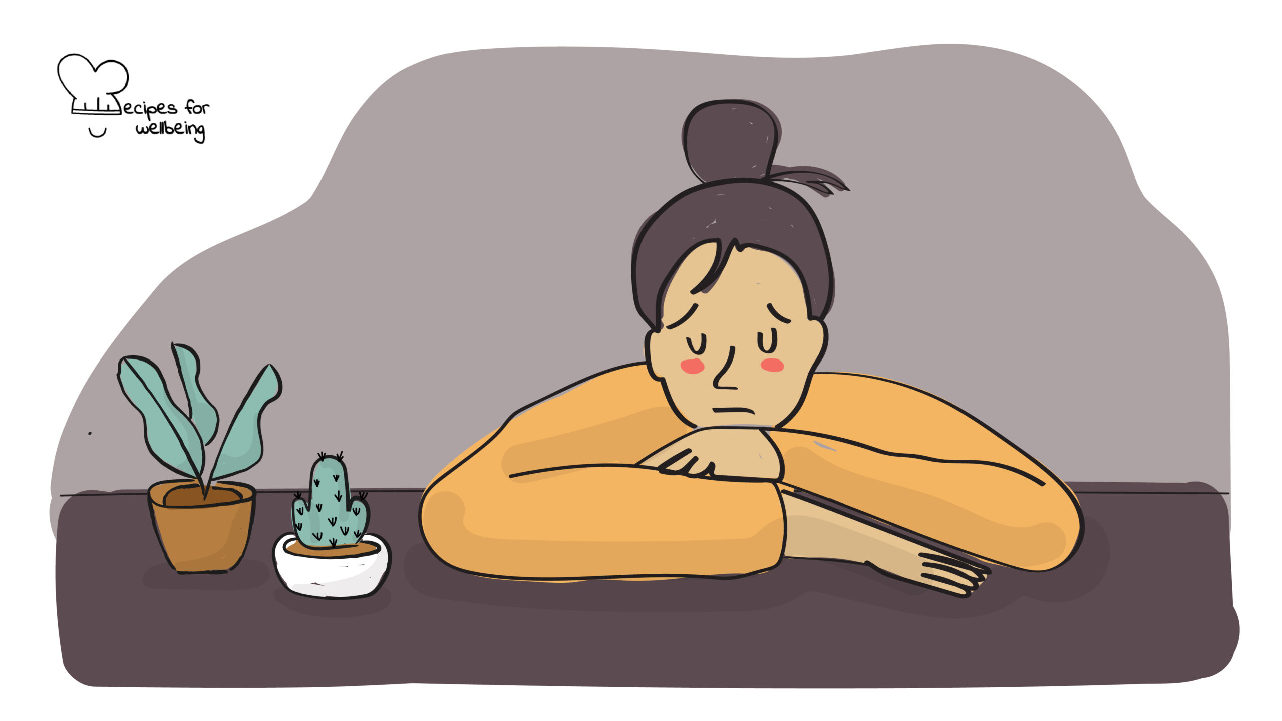 Tips to avoid burnout Illustration of a person looking distressed and resting their head on their forearms. © Recipes for Wellbeing