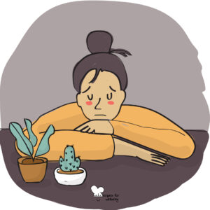 Tips to avoid burnout Illustration of a person looking distressed and resting their head on their forearms. © Recipes for Wellbeing