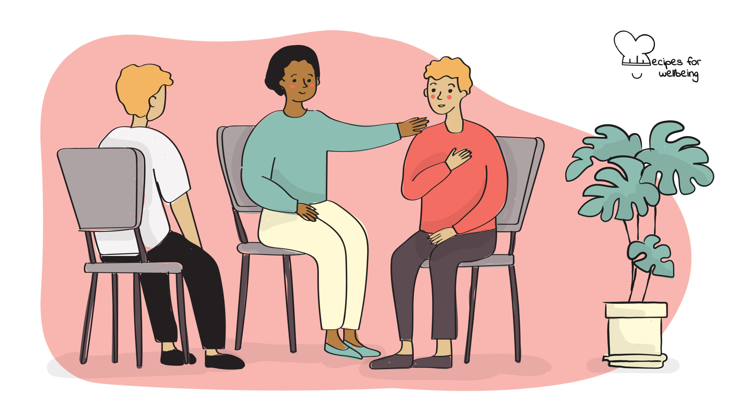 Transforming conflict Illustration of three people sitting on chairs (two facing each other and the third in the middle facing the other two). © Recipes for Wellbeing