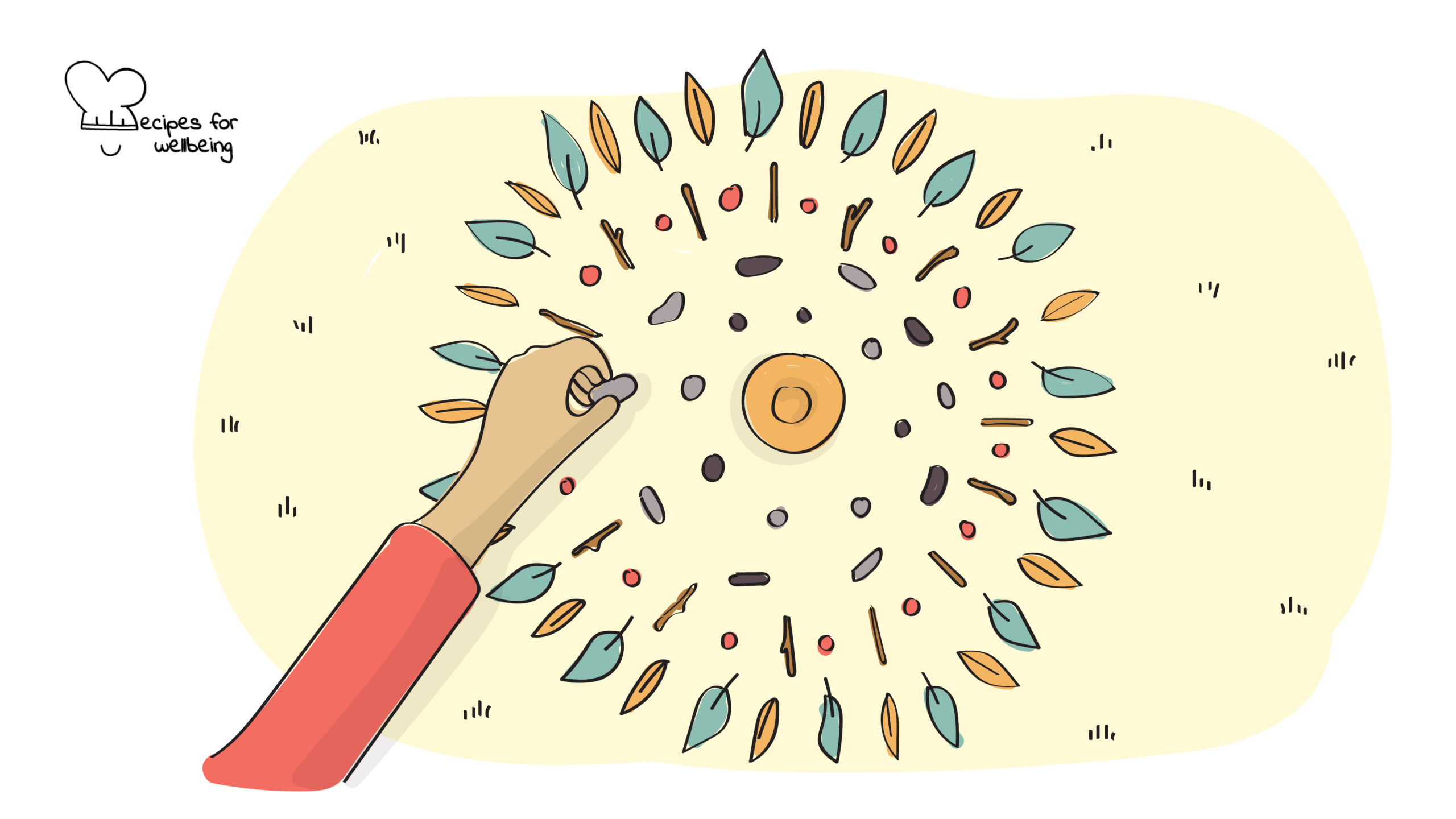 Truth mandala Illustration of a mandala made with pebbles, dry leaves, sticks, and an empty bowl. © Recipes for Wellbeing